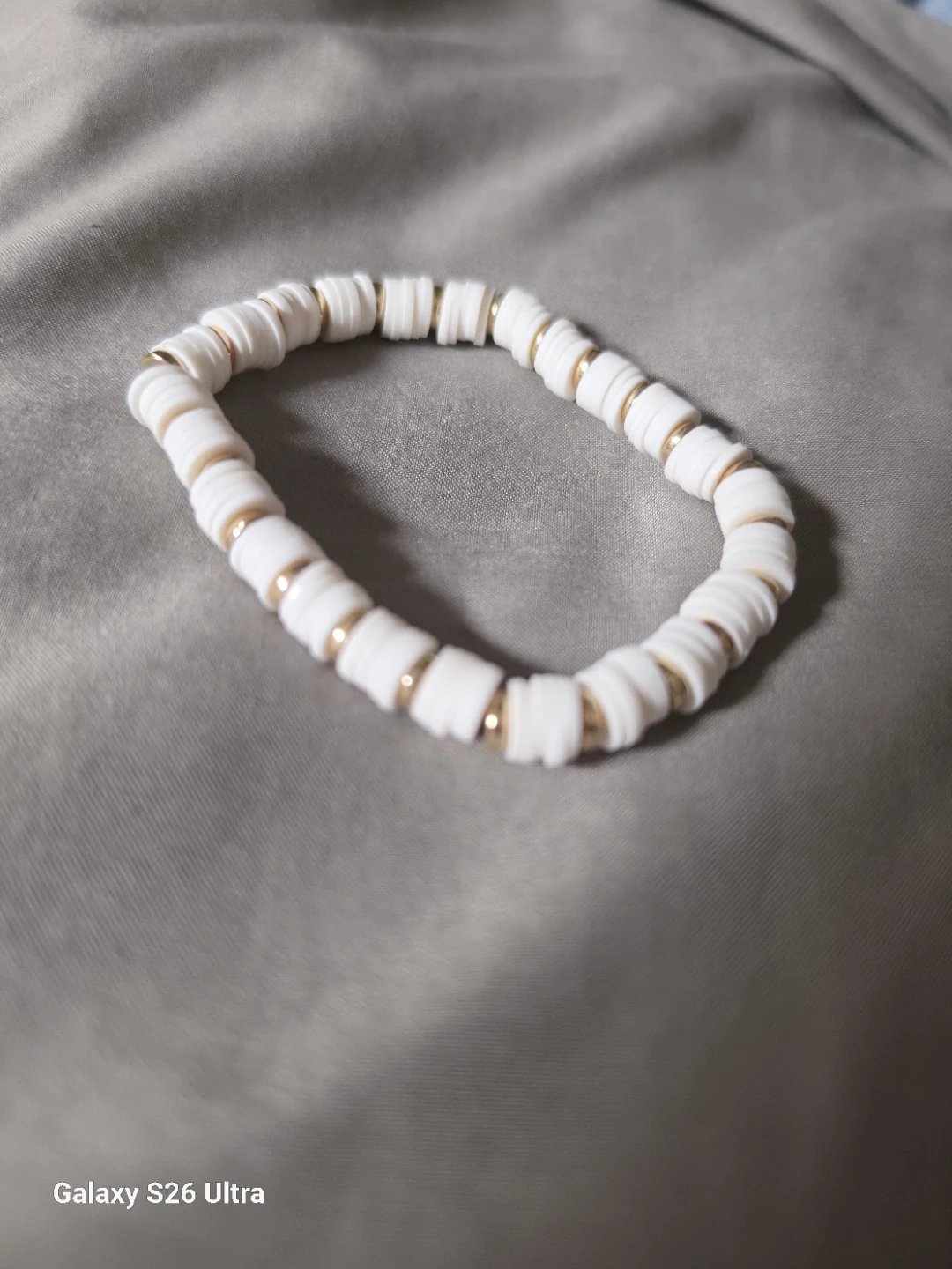 White Beaded Bracelet with Gold Accents