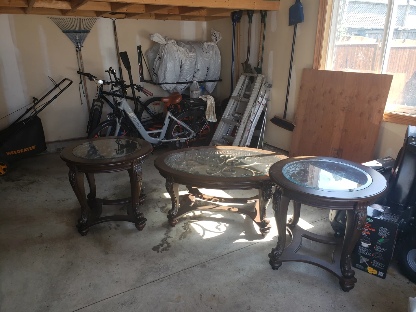 Set of 3 Dark Wood Accent Tables with Glass Tops