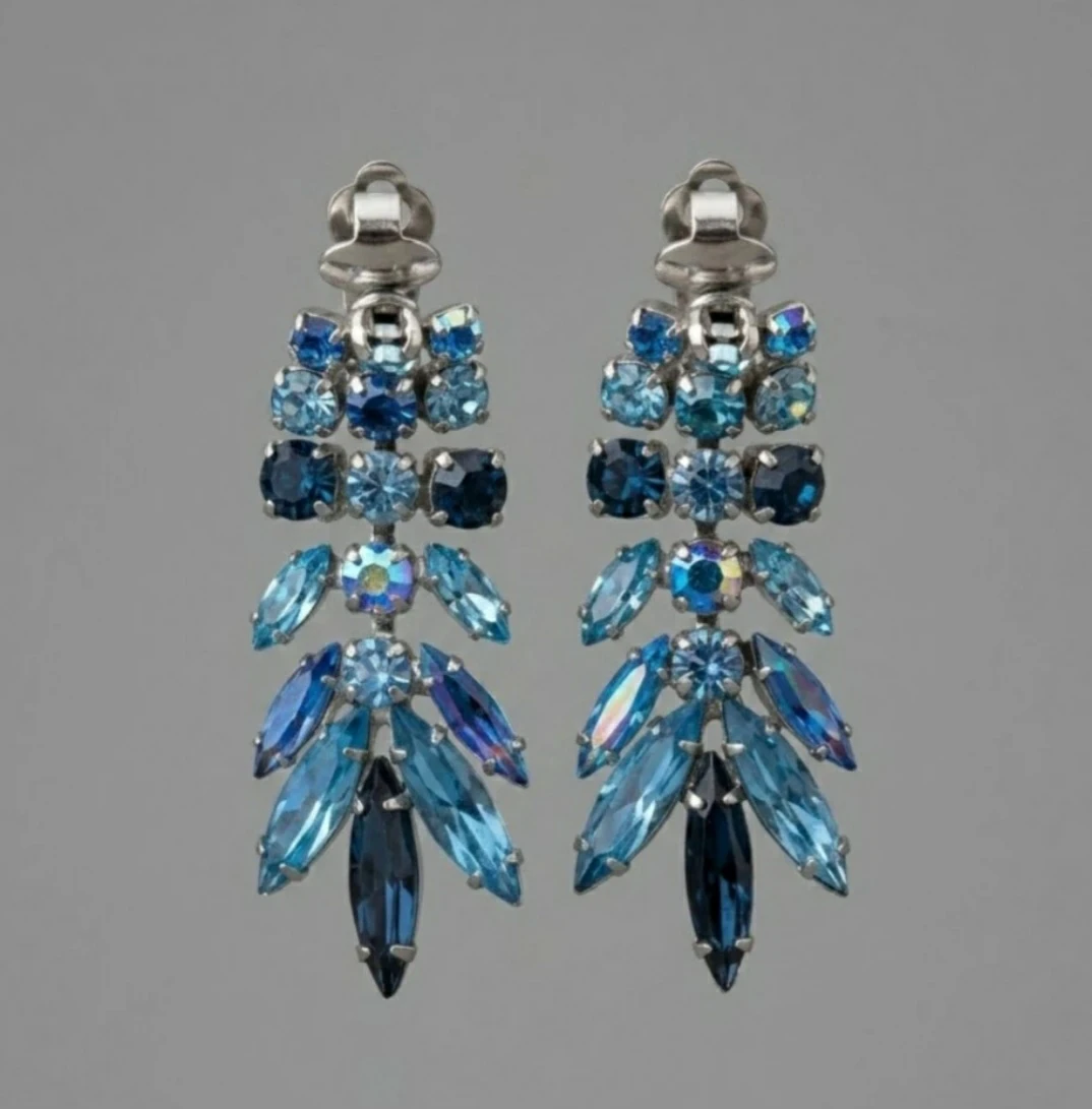 Vintage Sherman Blue Rhinestone Chandelier Earrings