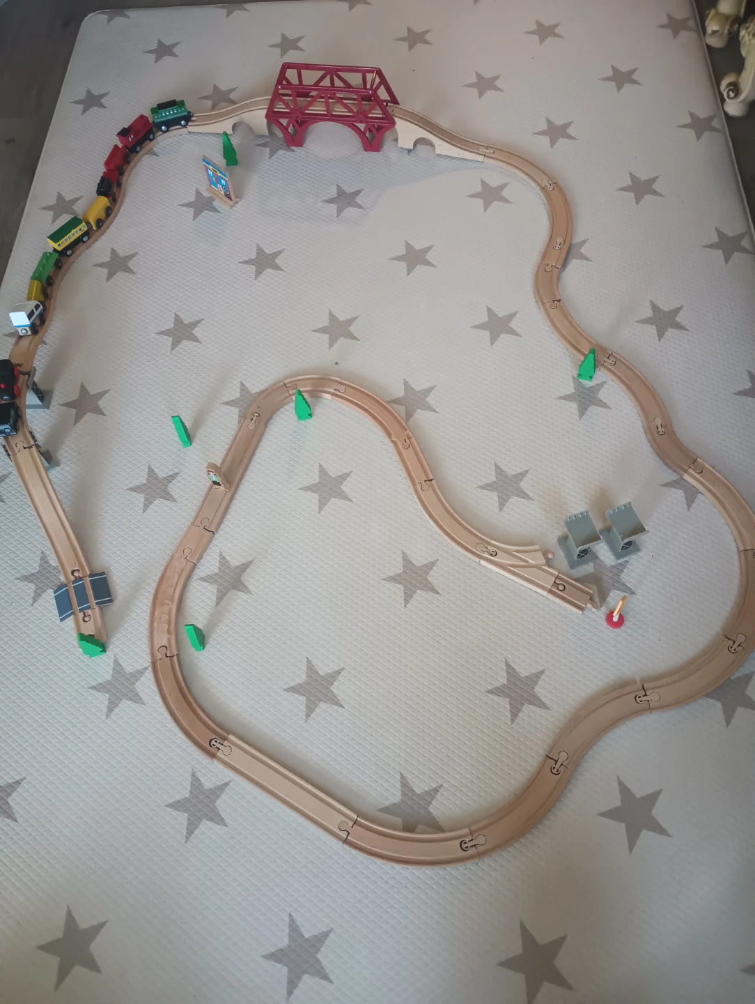 Wooden Train Track Set with Bridge and Multiple Trains