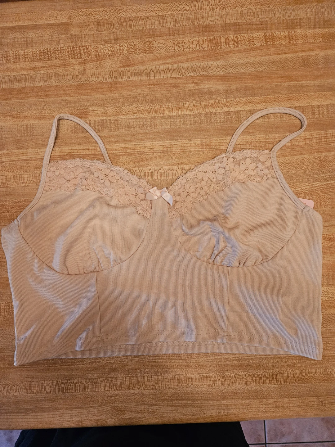 SHEIN MOD Beige Ribbed Lace Trim Crop Cami Top 1XL