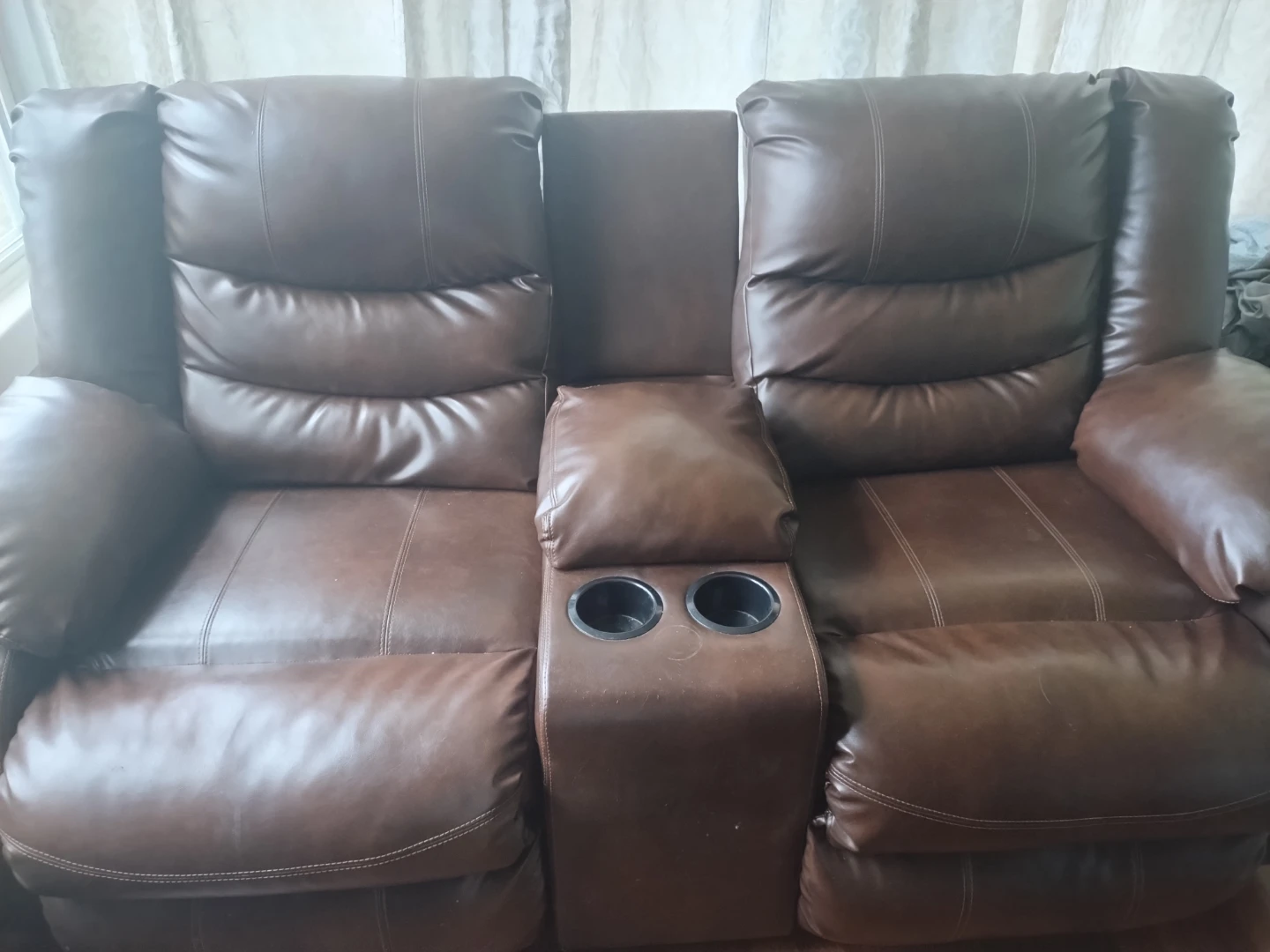 Brown Leather Loveseat Recliner with Cup Holders - photo 3