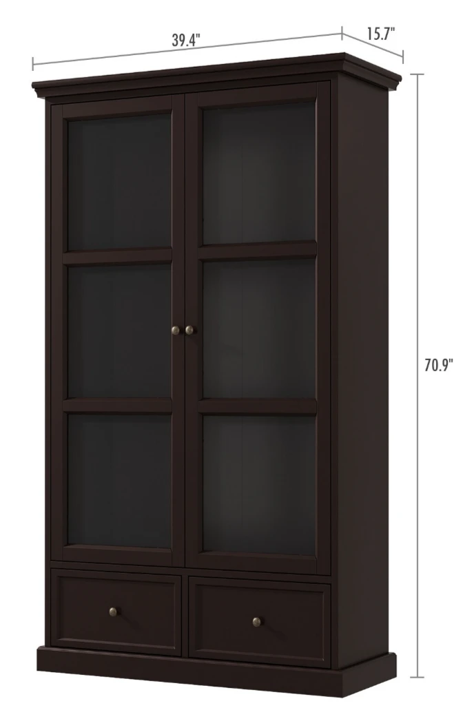 Dark Brown Display Cabinet with Glass Doors and Drawers