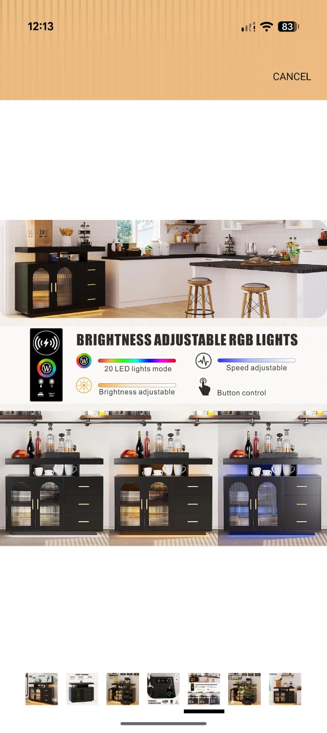 Black Bar Cabinet with Charging Station and RGB Lights - photo 4