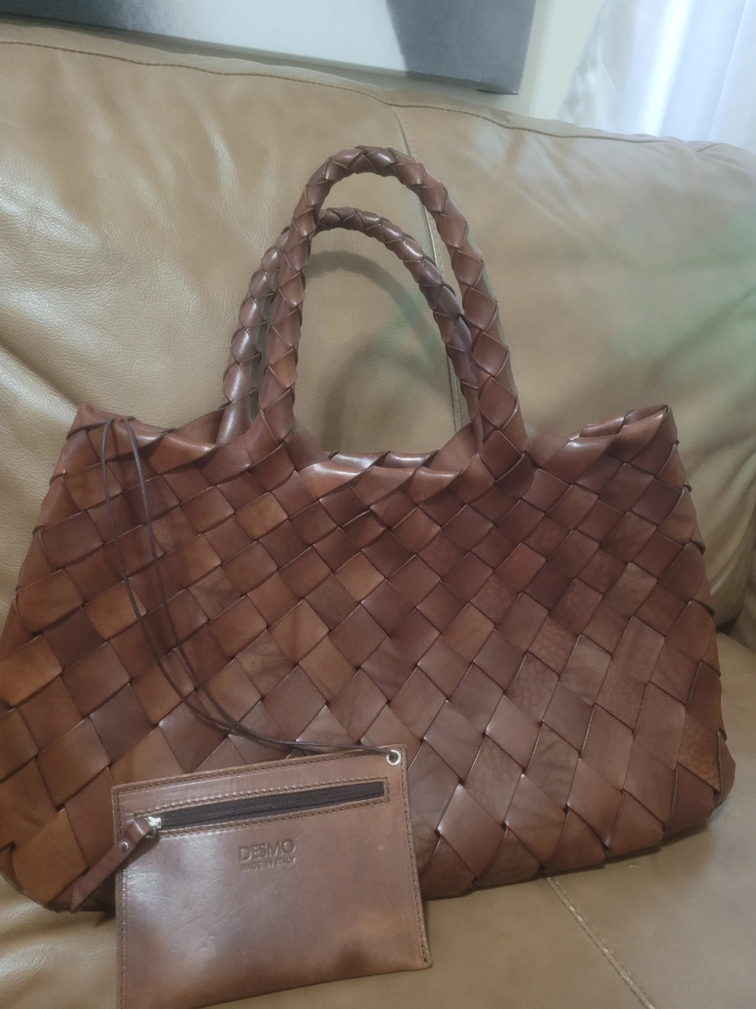 Desmo Woven Leather Tote Bag with Matching Coin Pouch