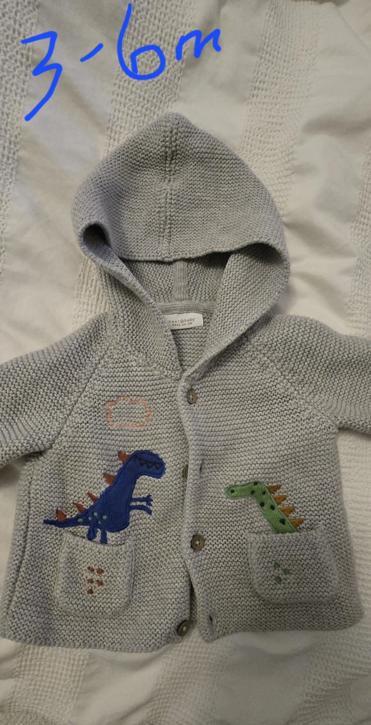 Next Baby Boys Grey Dinosaur Knit Cardigan 3-6 Months