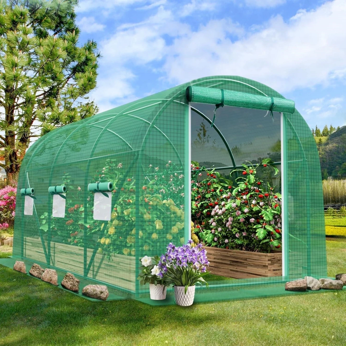 Greenhouse Tunnel Tent with Roll-Up Door and Vents