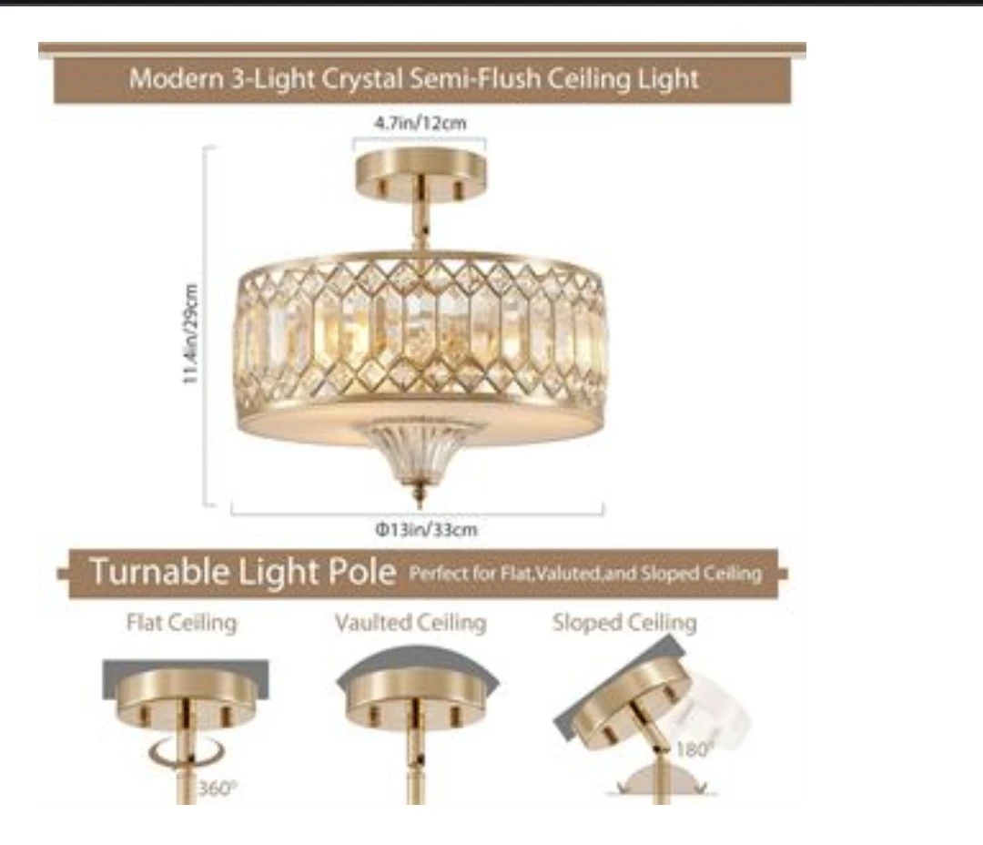 Modern 3-Light Crystal Semi-Flush Ceiling Light - photo 2