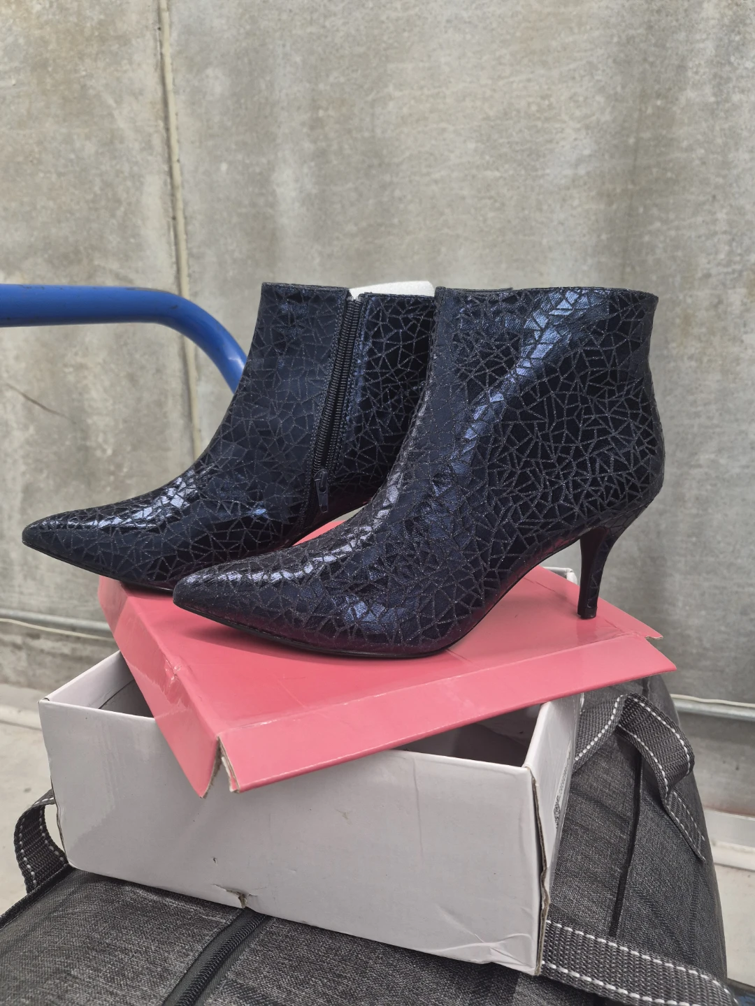Dark Blue Faux Snake Print Heeled Booties