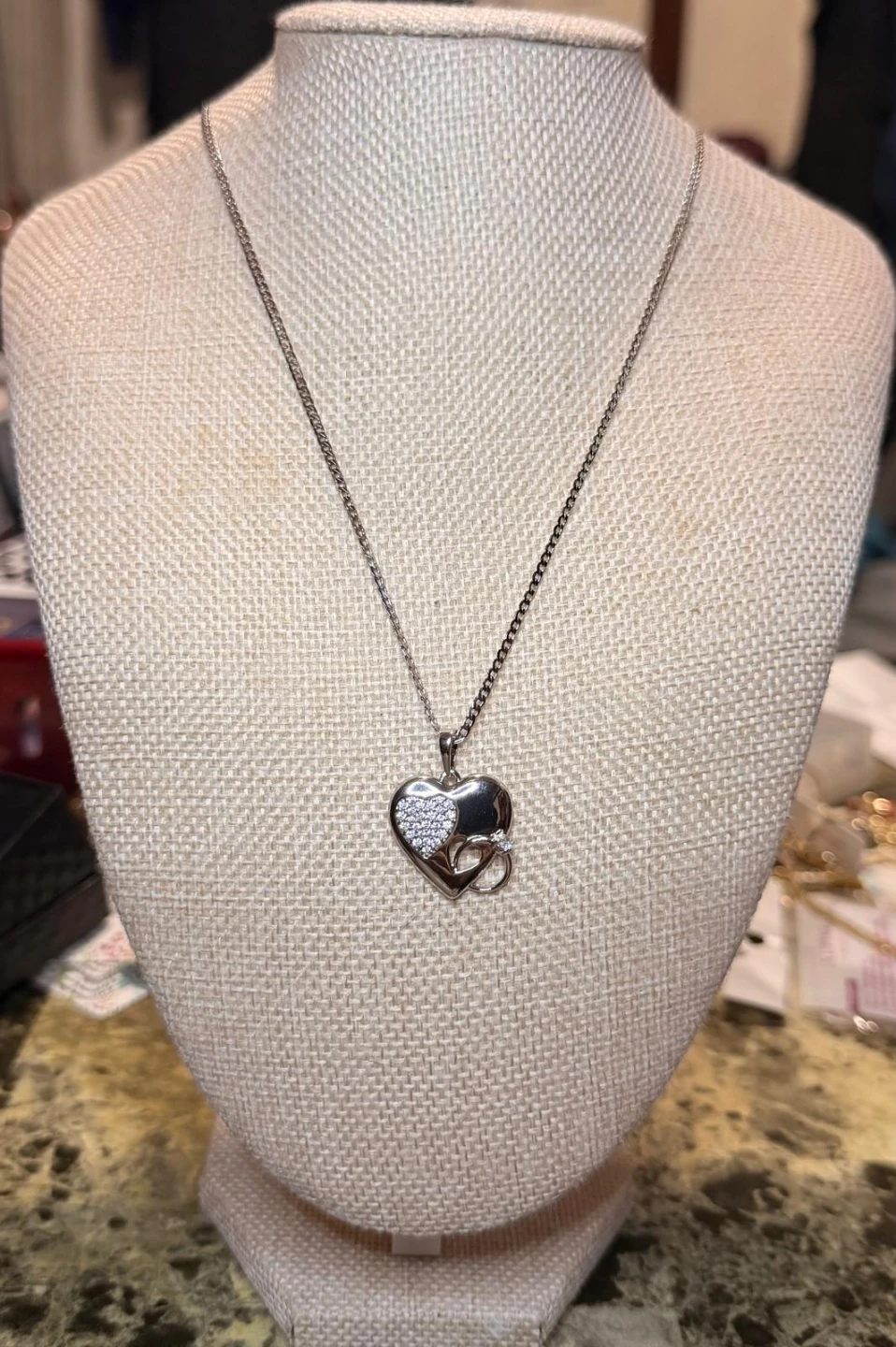 Silver Tone Heart Pendant Necklace with Crystals