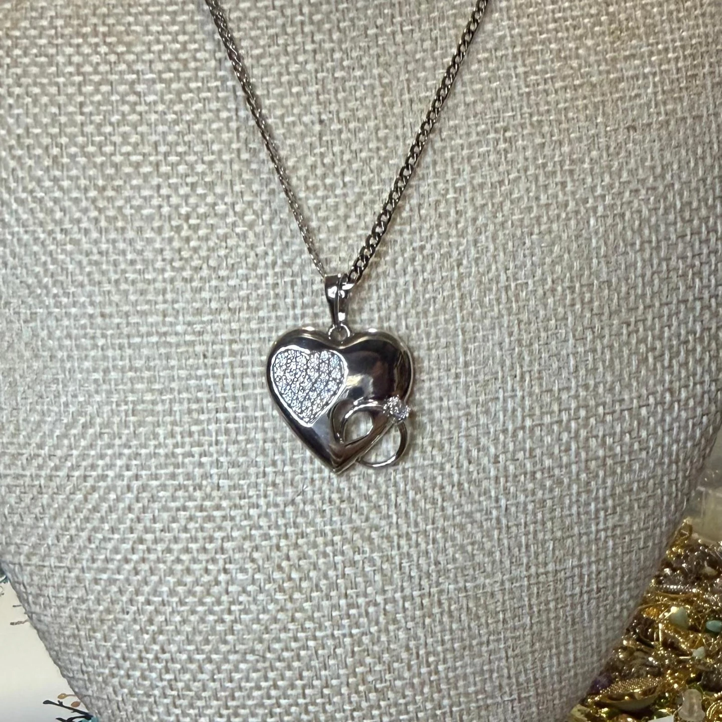 Silver Tone Heart Pendant Necklace with Crystals - photo 2