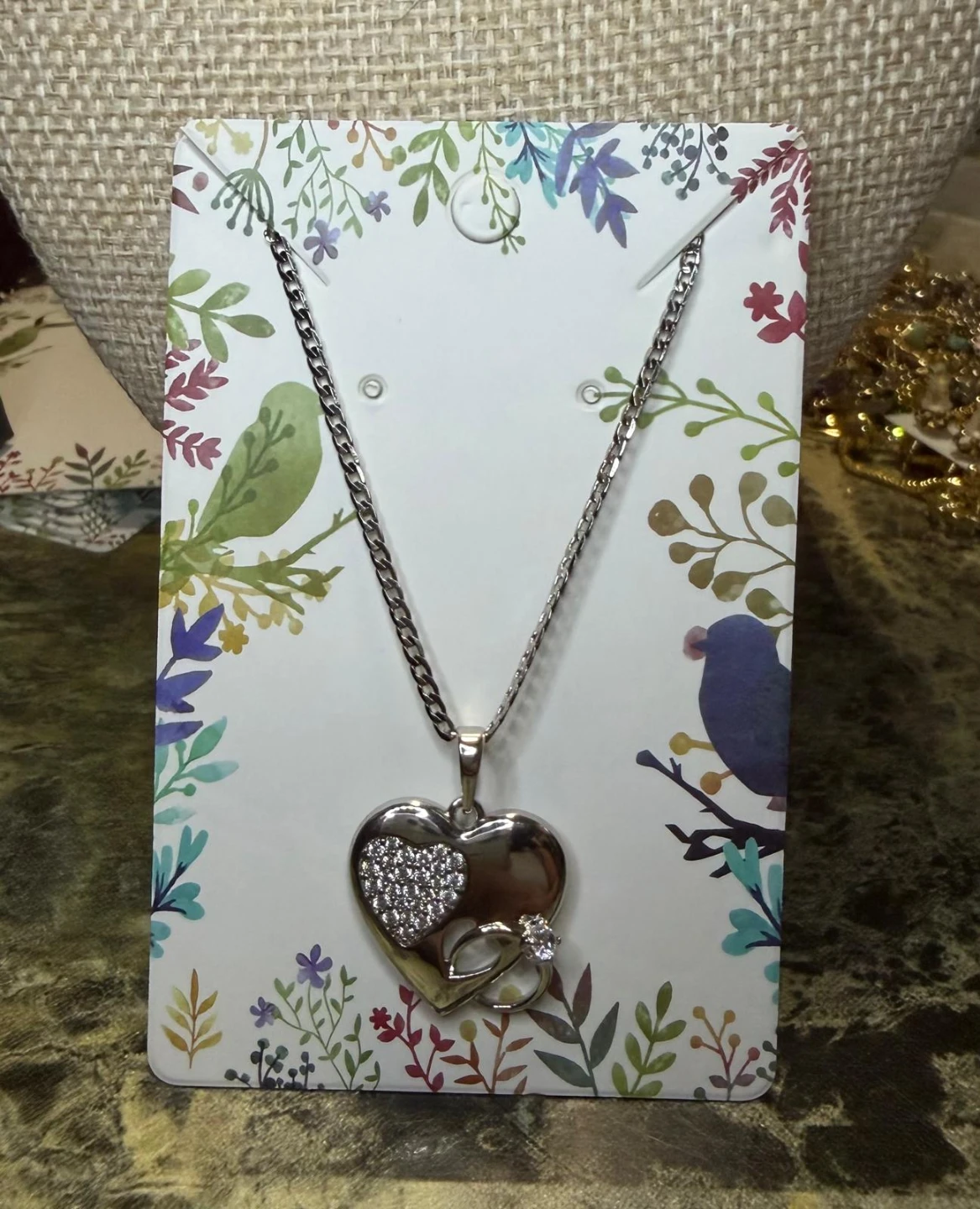 Silver Tone Heart Pendant Necklace with Crystals - photo 3