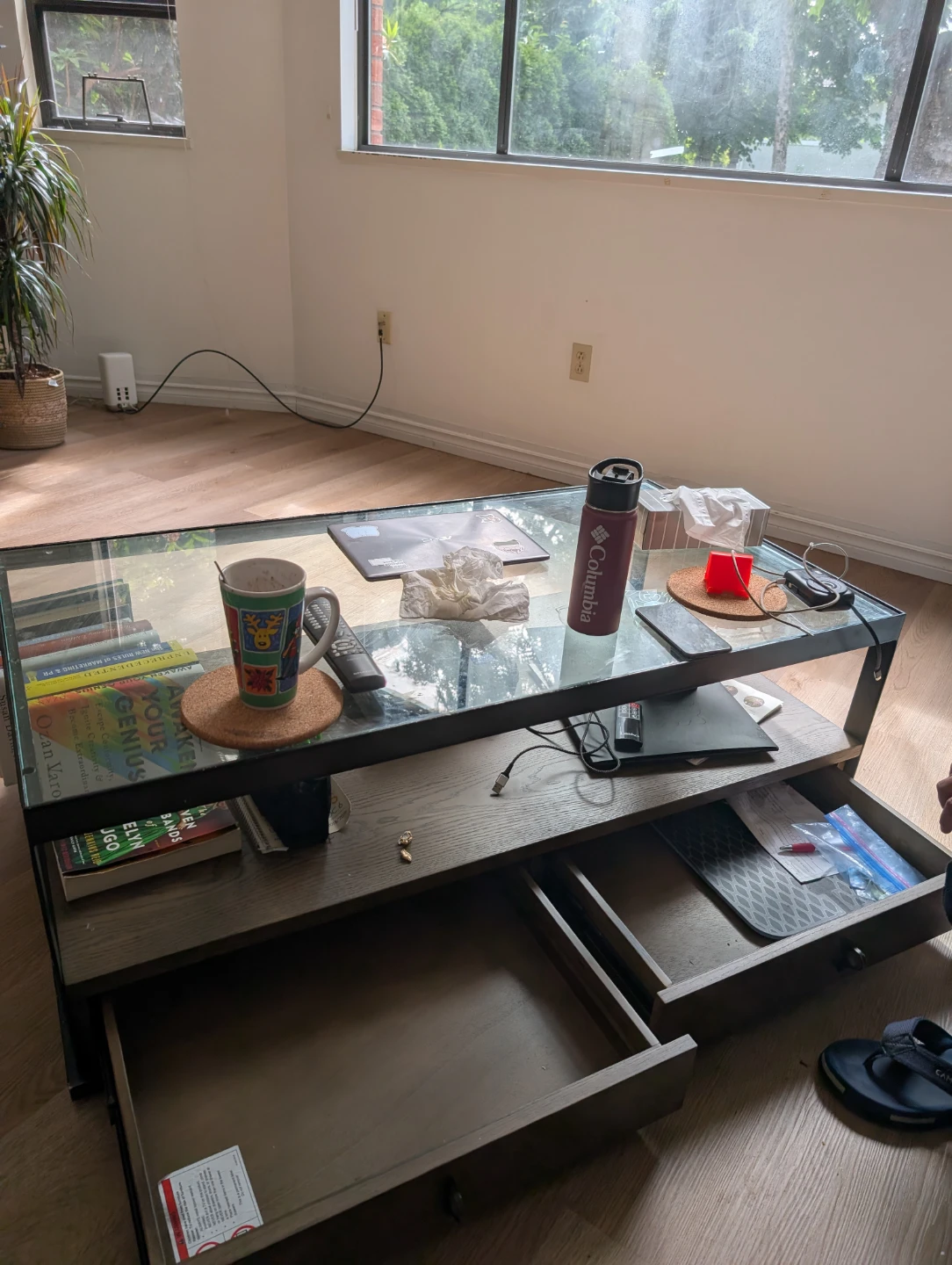 Modern Coffee Table with Glass Top and Wood Drawers - photo 5