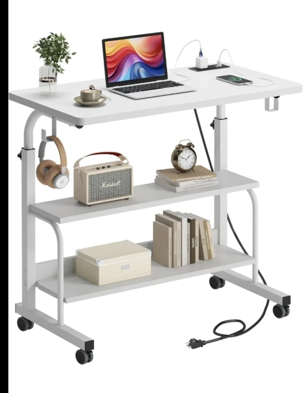 Adjustable Height Rolling Laptop Desk with Shelves