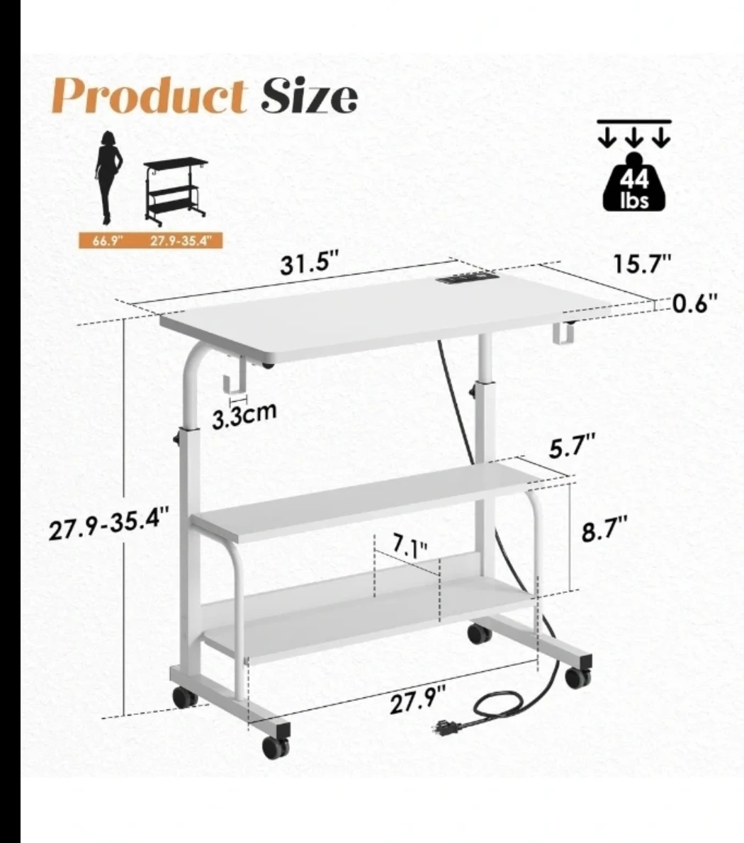 Adjustable Height Rolling Laptop Desk with Shelves - photo 2