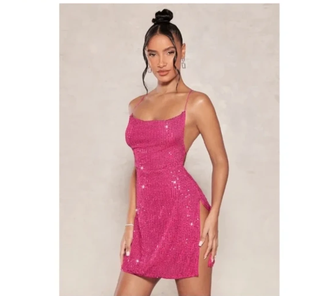 Hot Pink Sequin Split Thigh Crisscross Backless Dress, Size S