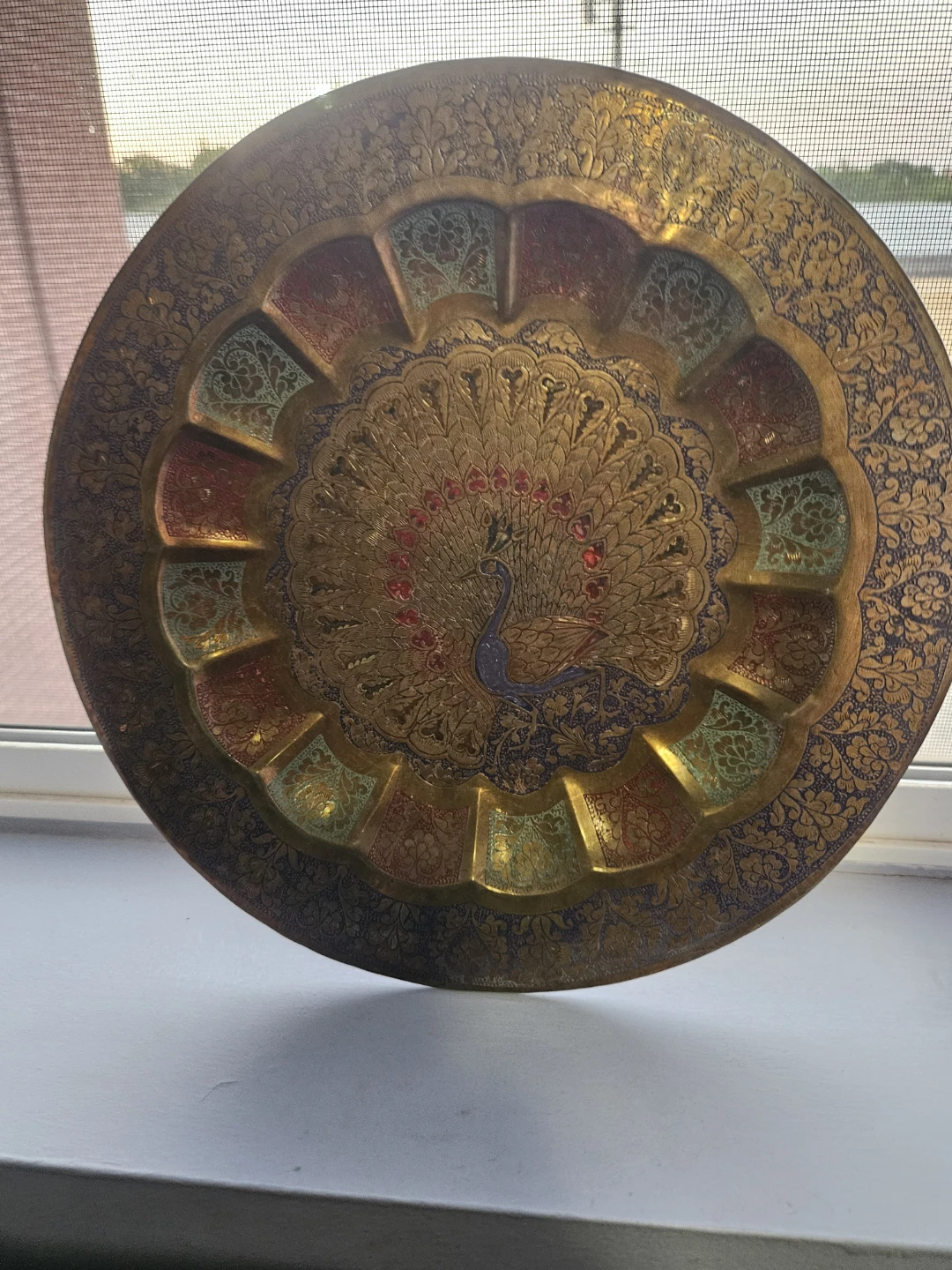 Decorative Brass Plate with Peacock Design