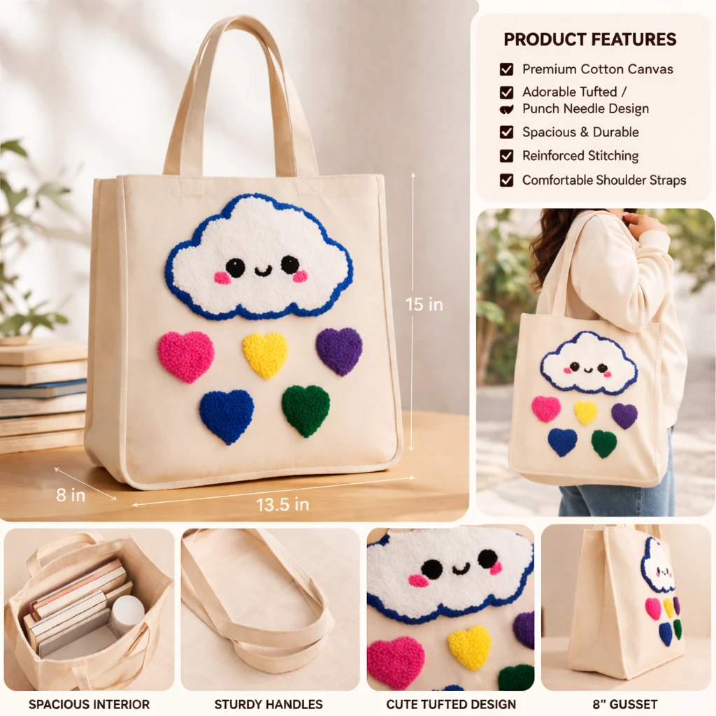Punch Needle Cloud and Hearts Tote Bag