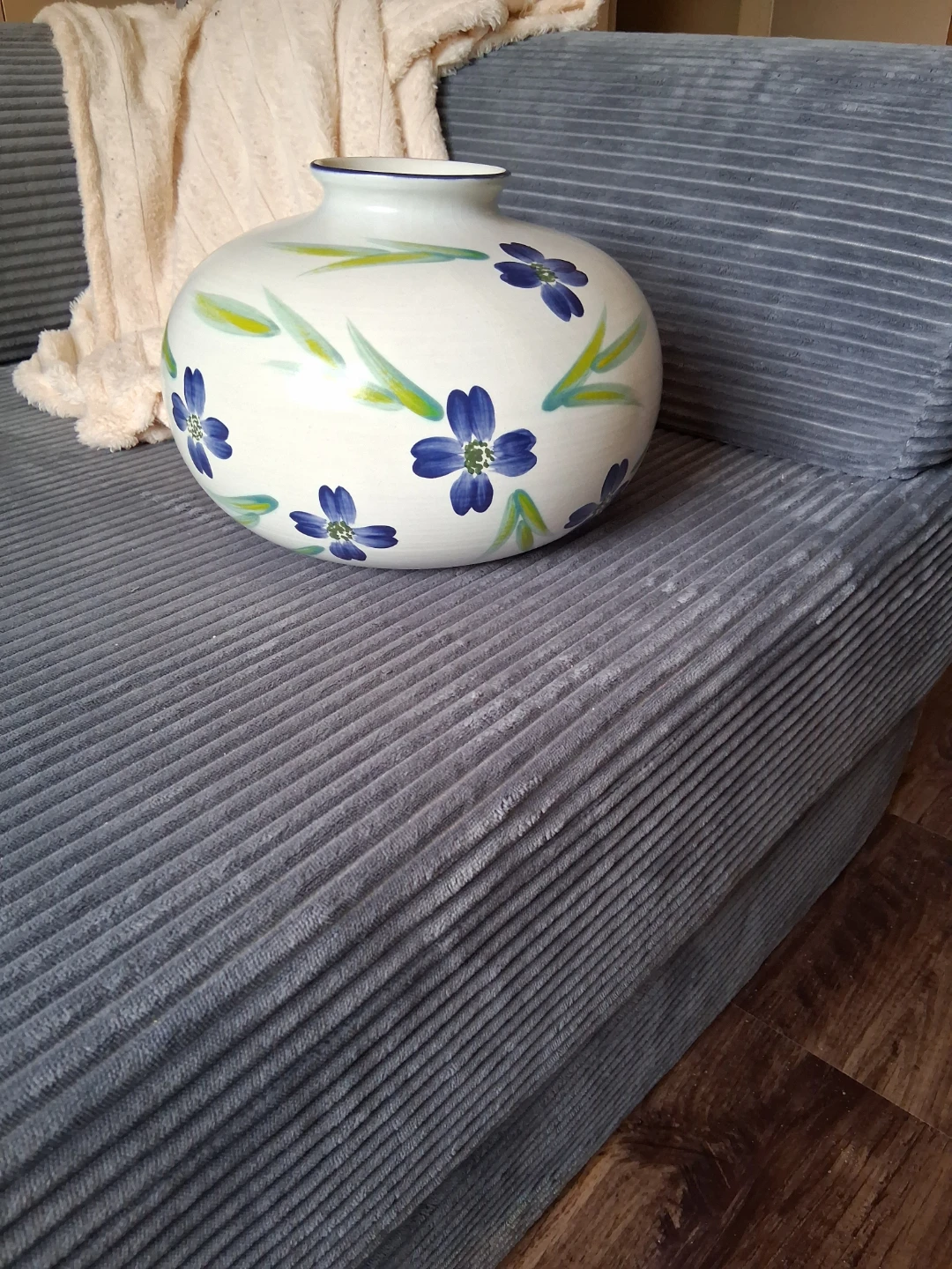 White Ceramic Vase with Blue Flowers 34 " round