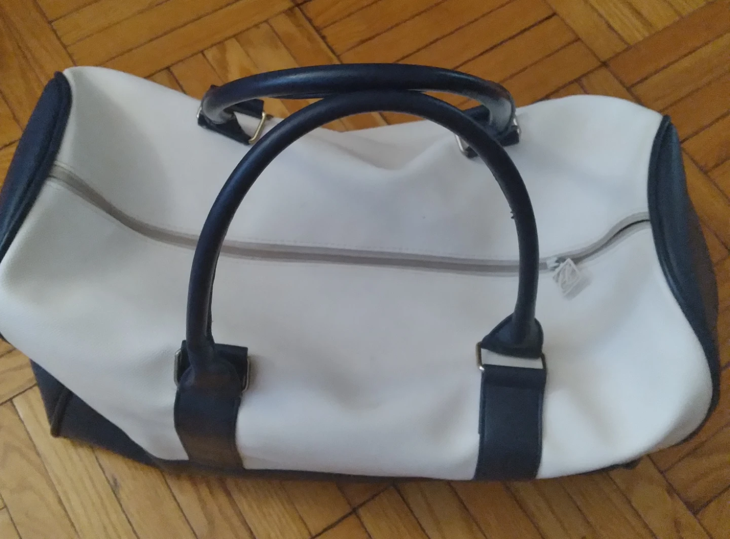 White and Navy Duffle Bag