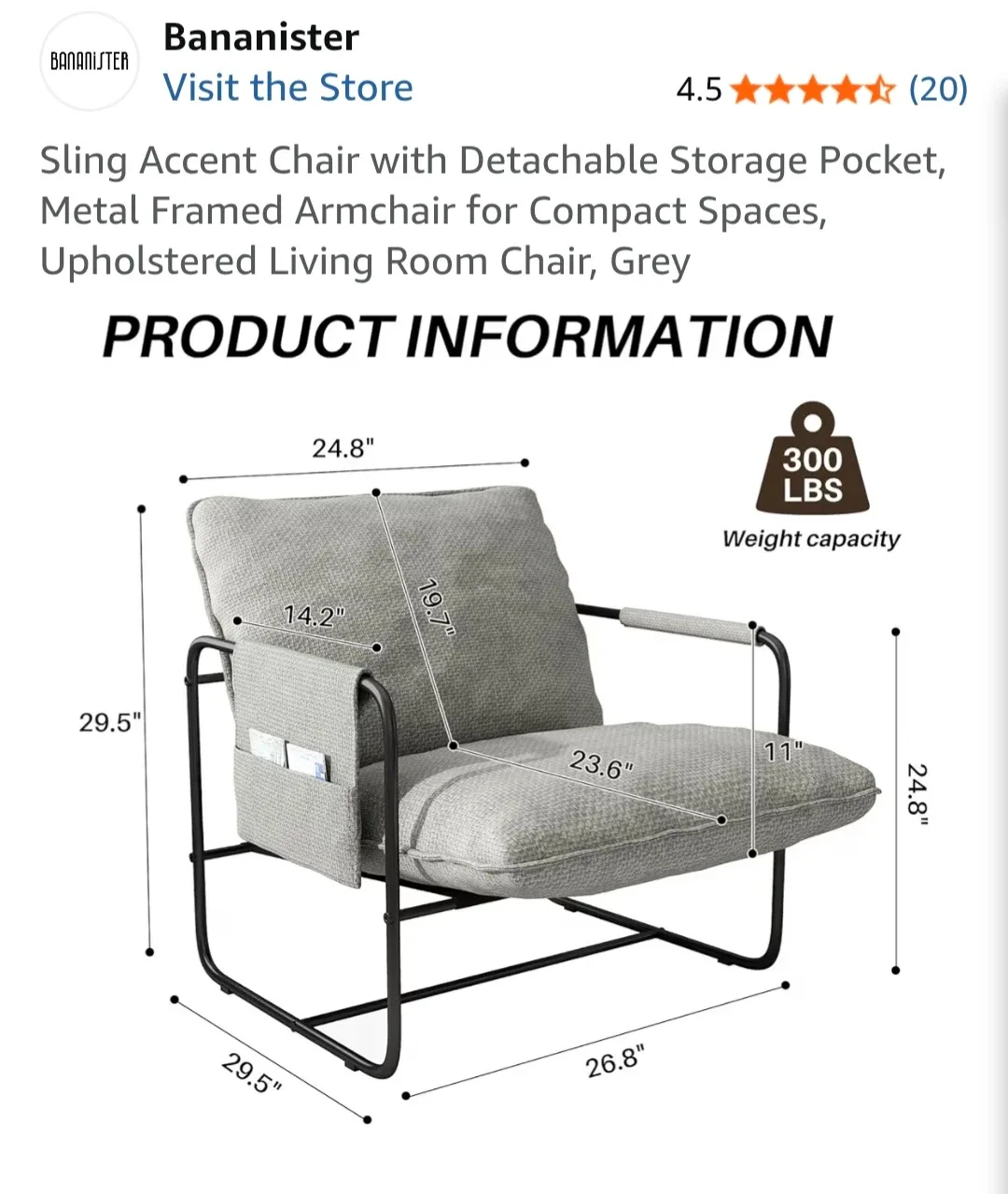 Bananister Grey Sling Accent Chair with Storage Pocket - photo 2