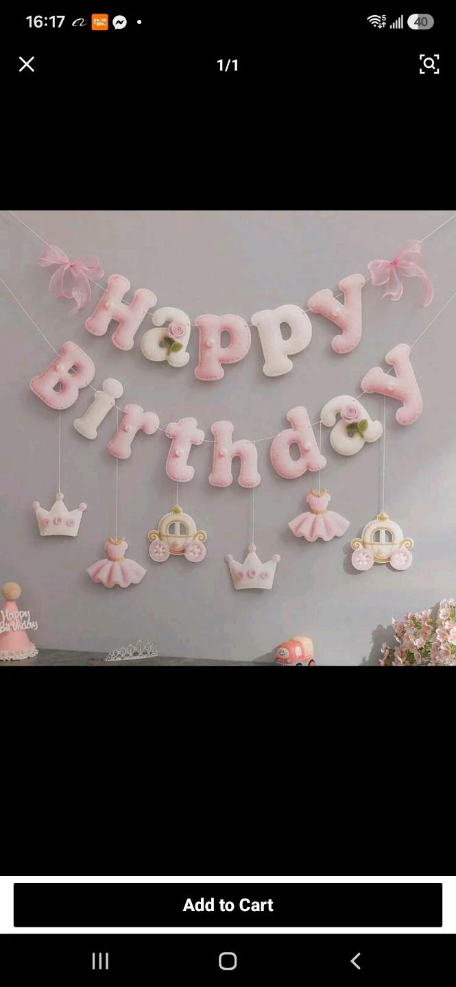 Pink Felt Happy Birthday Banner with Crowns and Carriage
