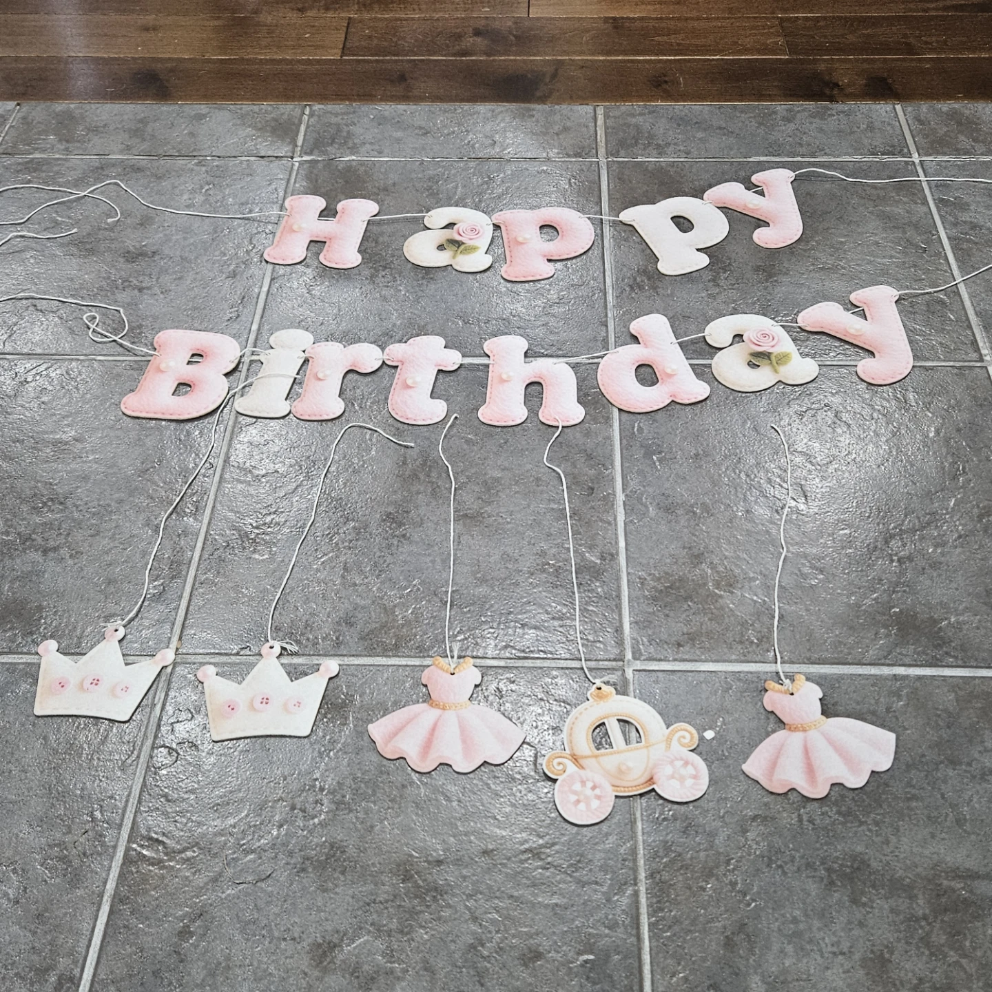 Pink Felt Happy Birthday Banner with Crowns and Carriage - photo 2