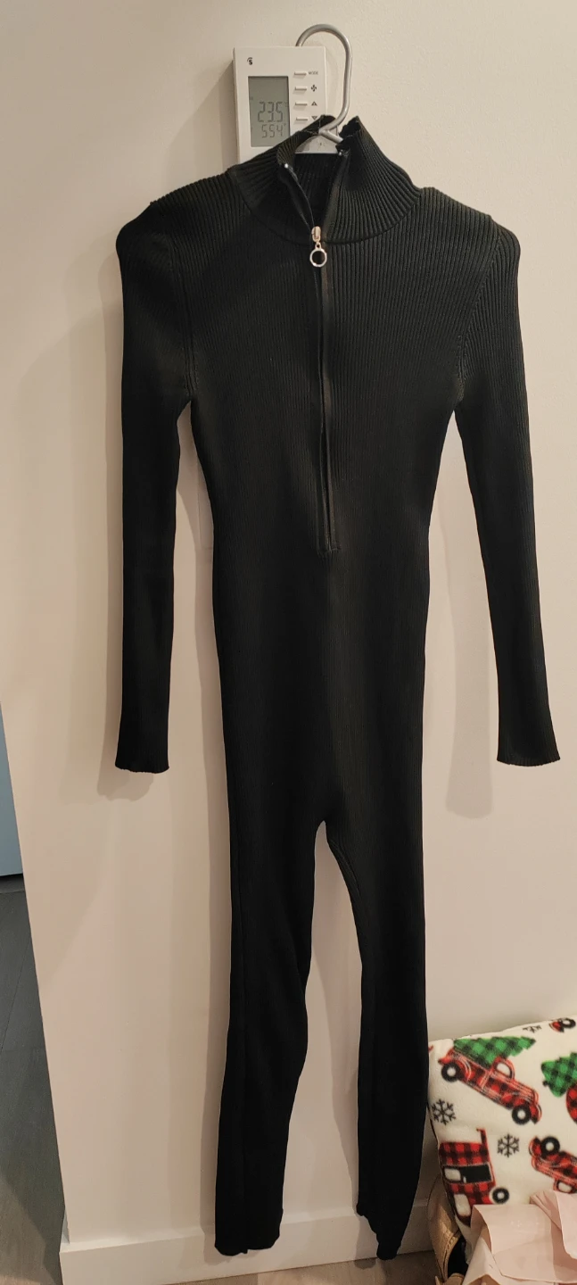 Black Ribbed Jumpsuit with Zipper
