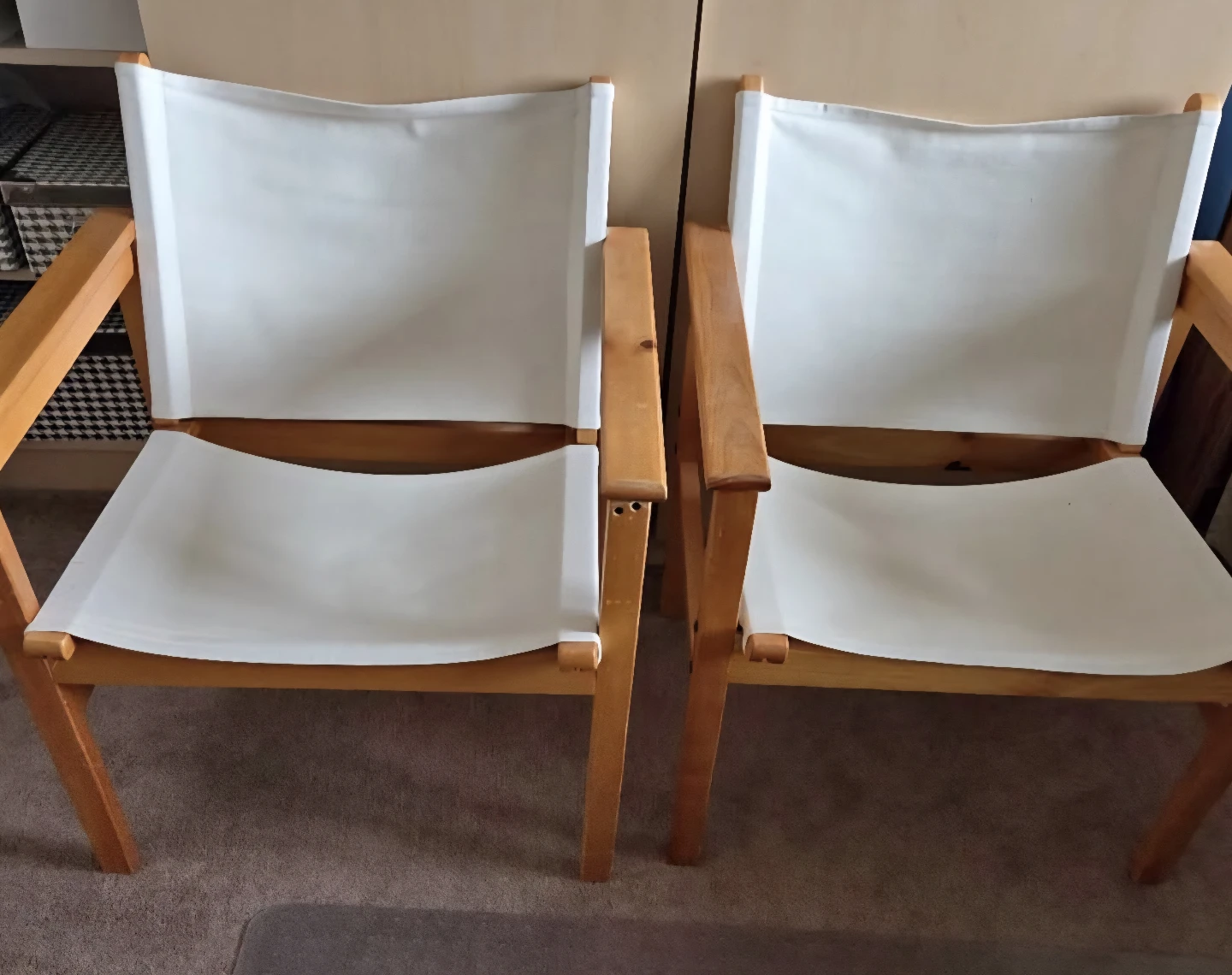 Pair of White Canvas and Wood Accent Chairs