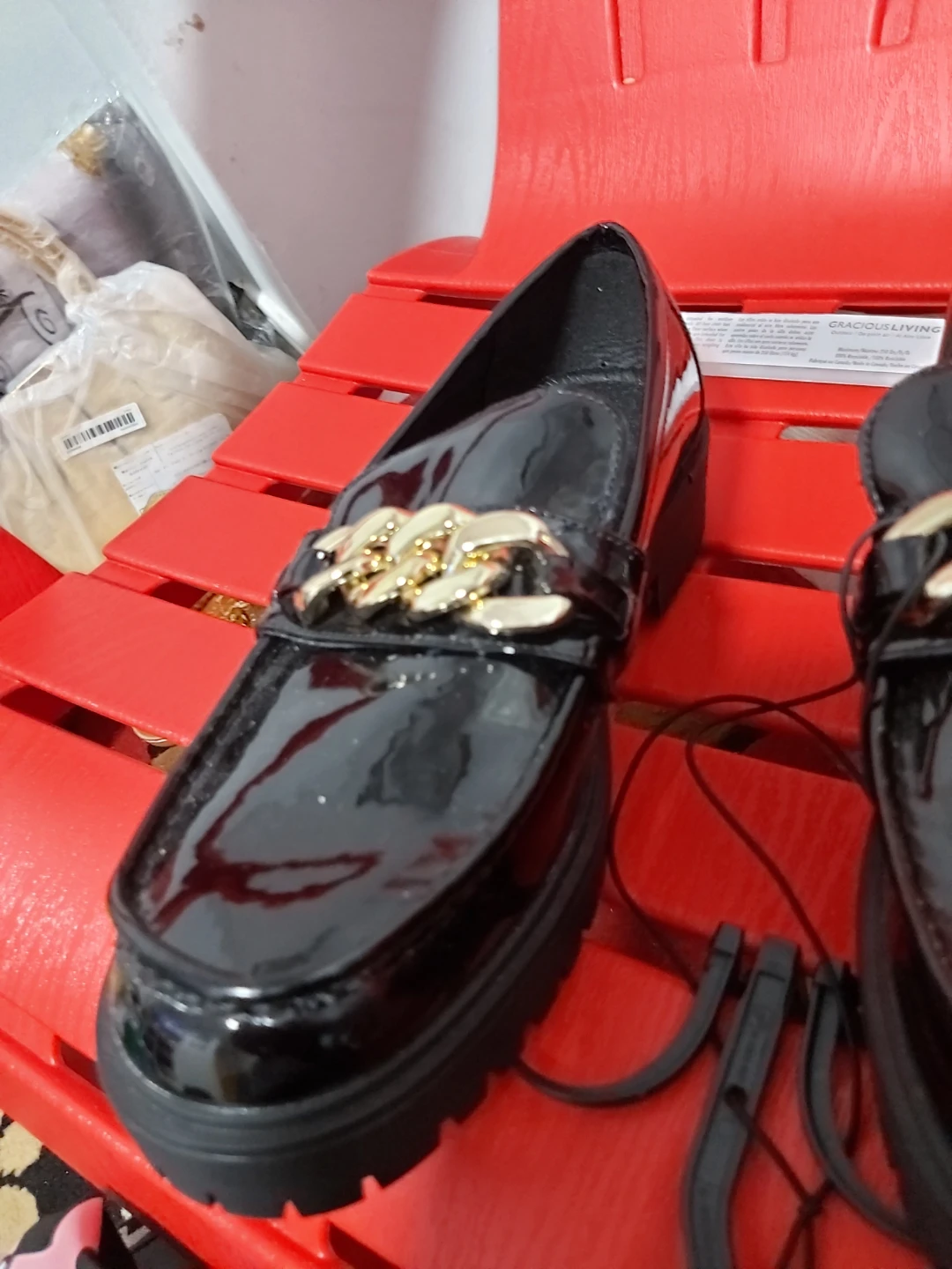 Time and Tru Black Patent Loafers with Gold Chain Detail - photo 5