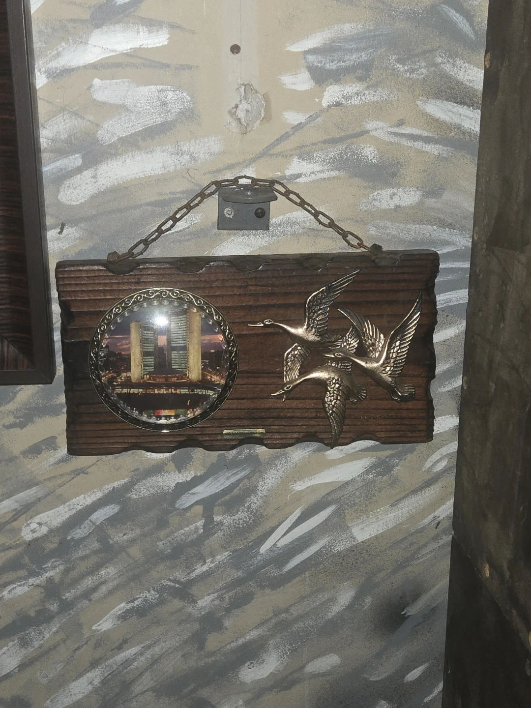 Decorative Wooden Plaque with Flying Geese and Cityscape Insert