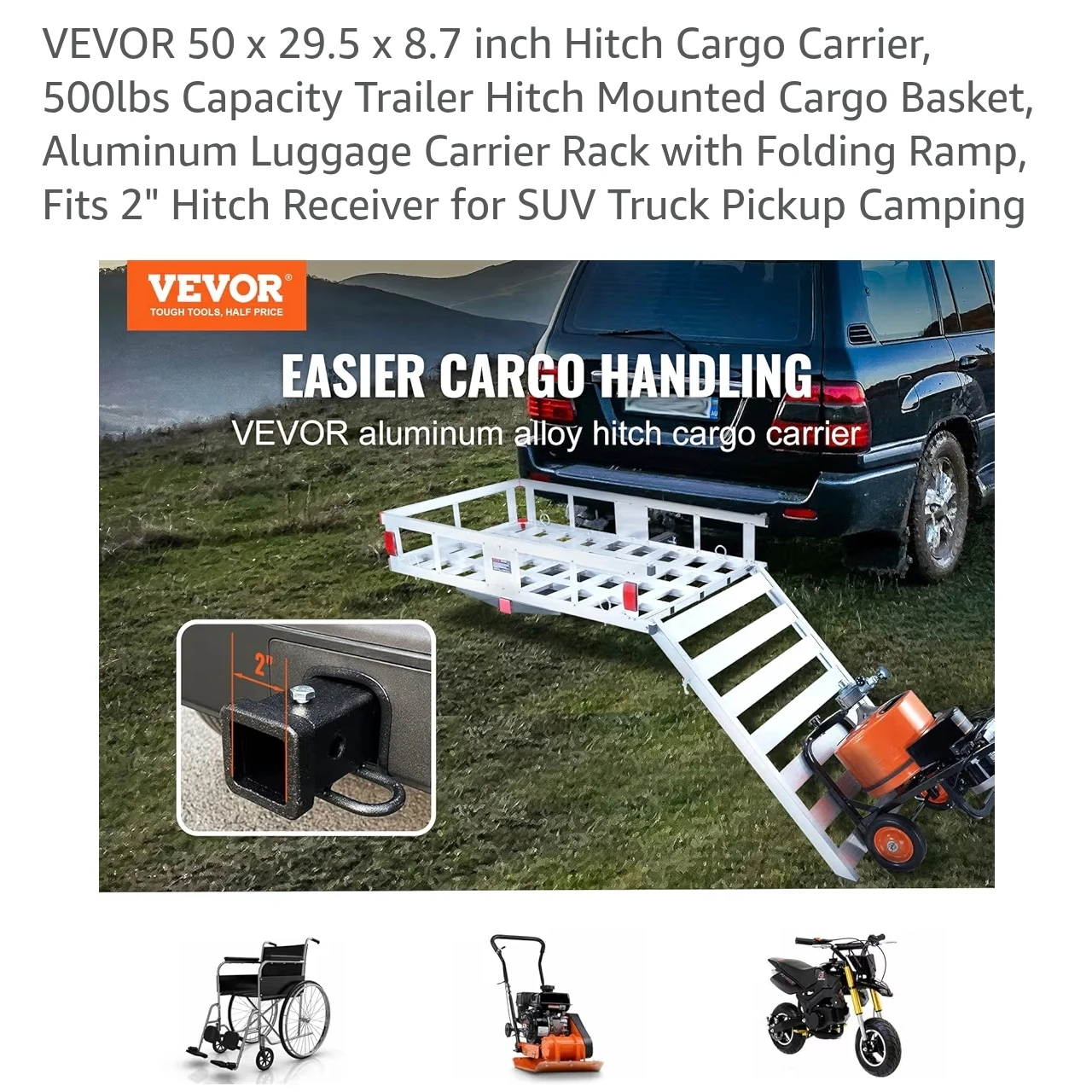 VEVOR 50" Hitch Cargo Carrier with Folding Ramp