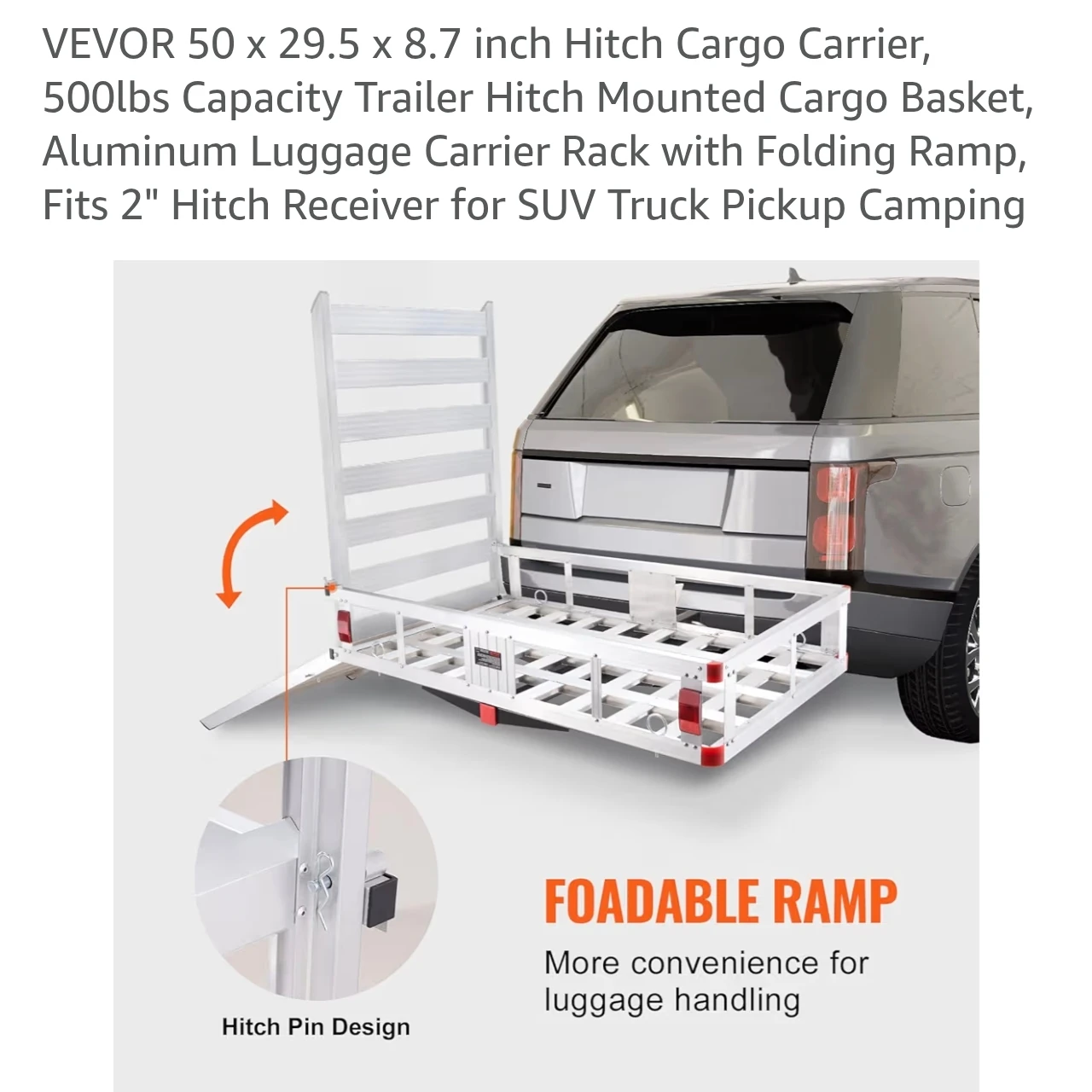 VEVOR 50" Hitch Cargo Carrier with Folding Ramp - photo 2