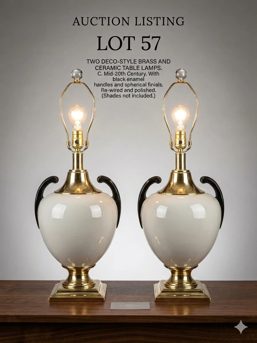 Pair of Deco-Style Brass and Ceramic Table Lamps