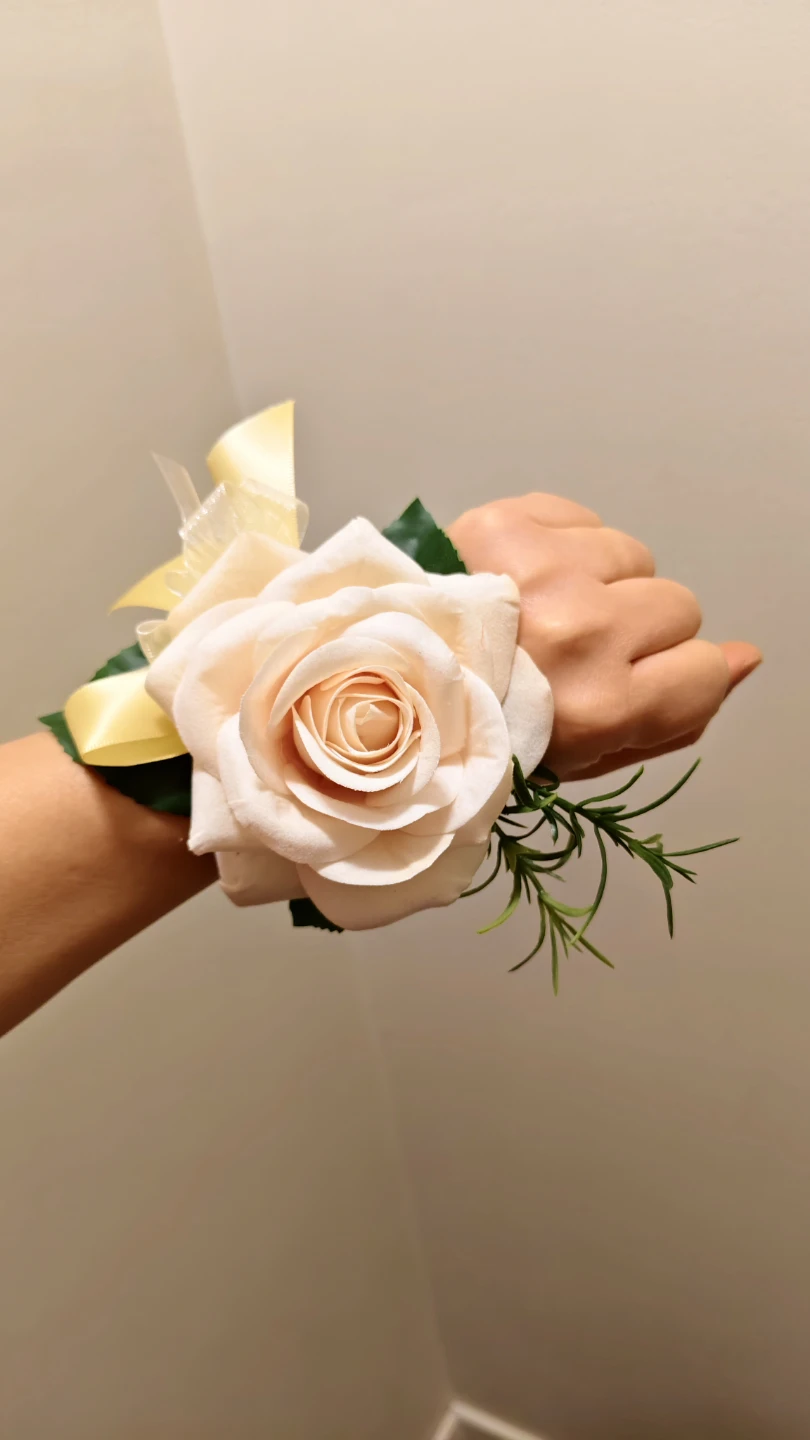 Pale Peach Rose Corsage with Yellow Ribbon