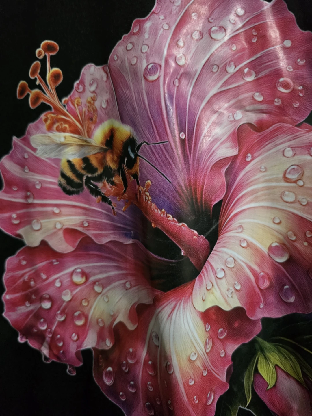 Black T-Shirt with Bee and Hibiscus Graphic - photo 2