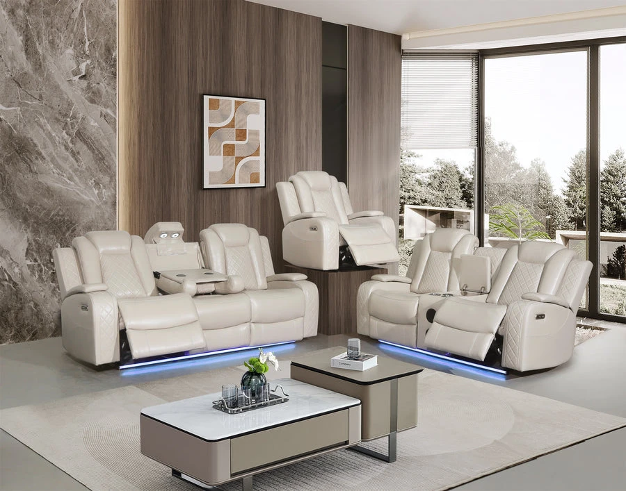 Cream Leather Reclining Sofa Set