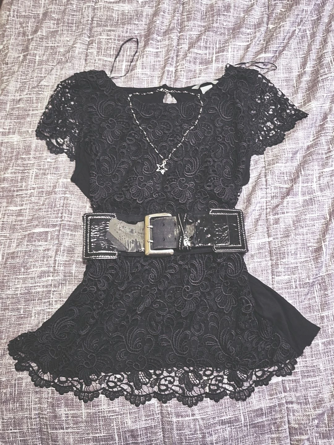 Black Lace Top with Star Necklace and free Belt