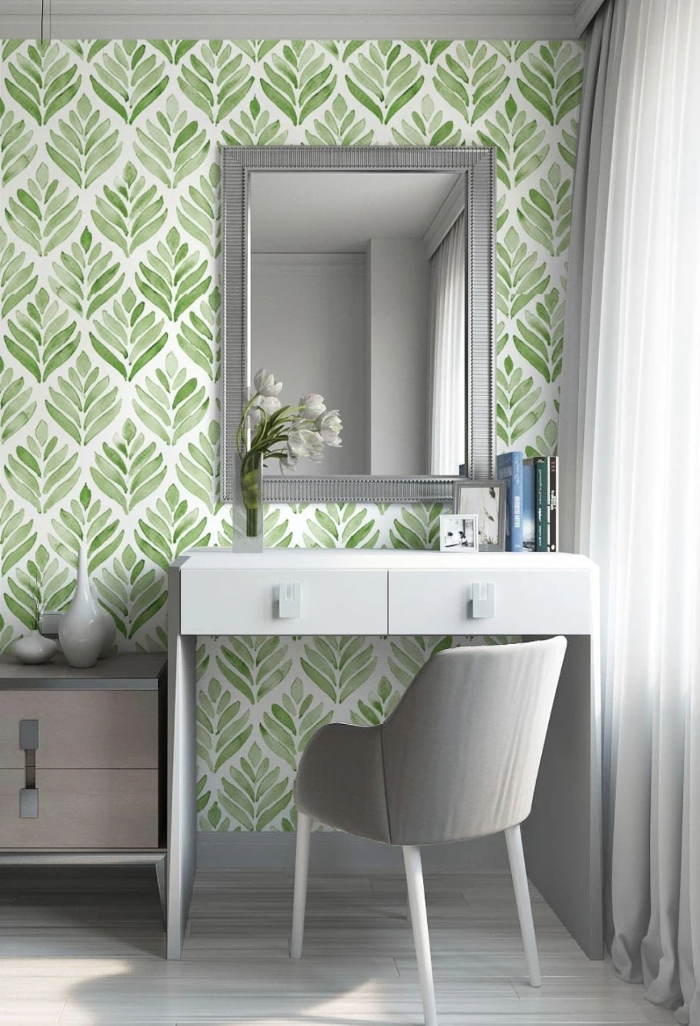 Green Watercolor Leaves Peel & Stick Wallpaper 17.7"x78" - photo 4