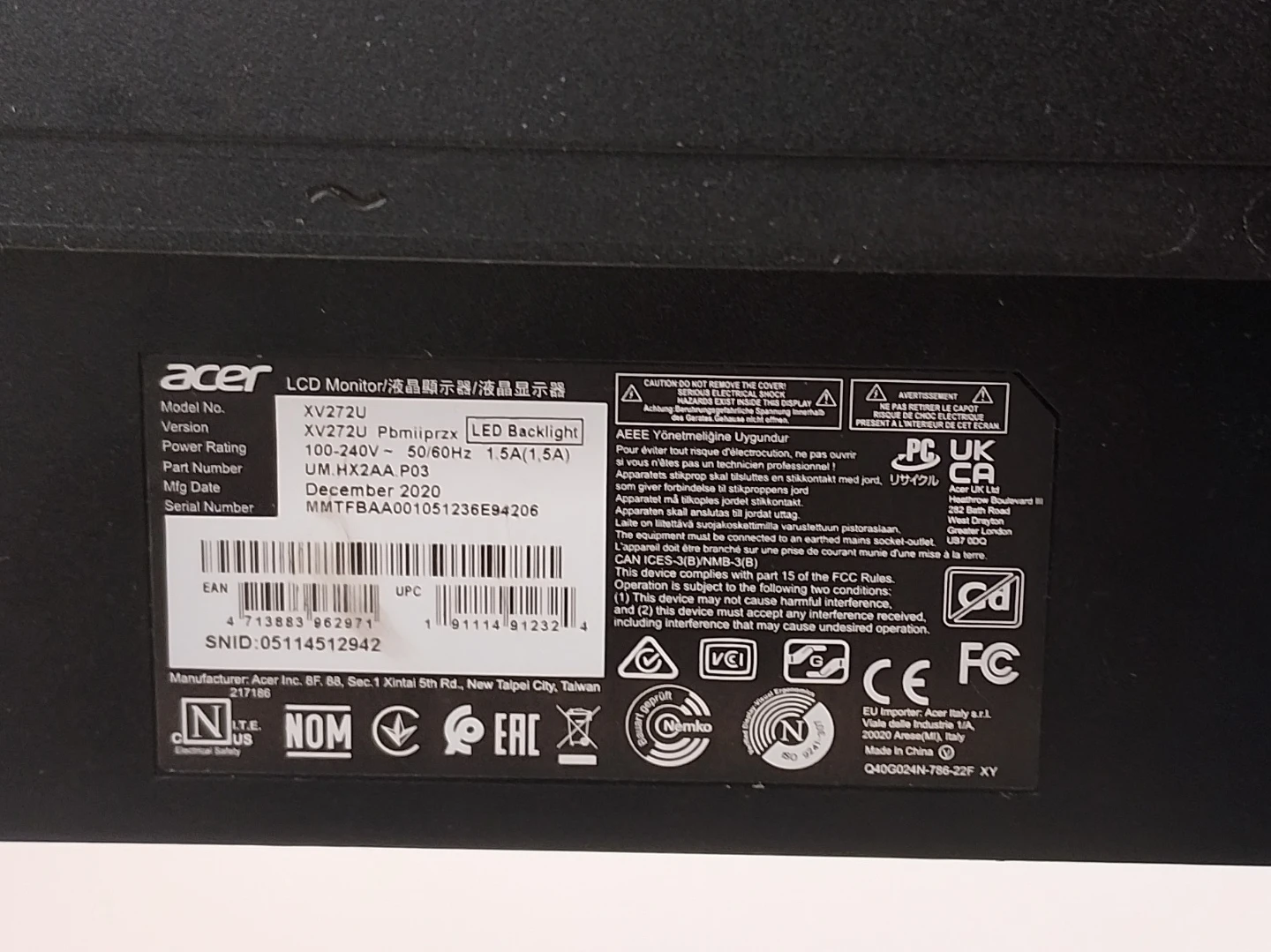 Acer XV272U Pbmiiprzx 27" QHD LED Monitor