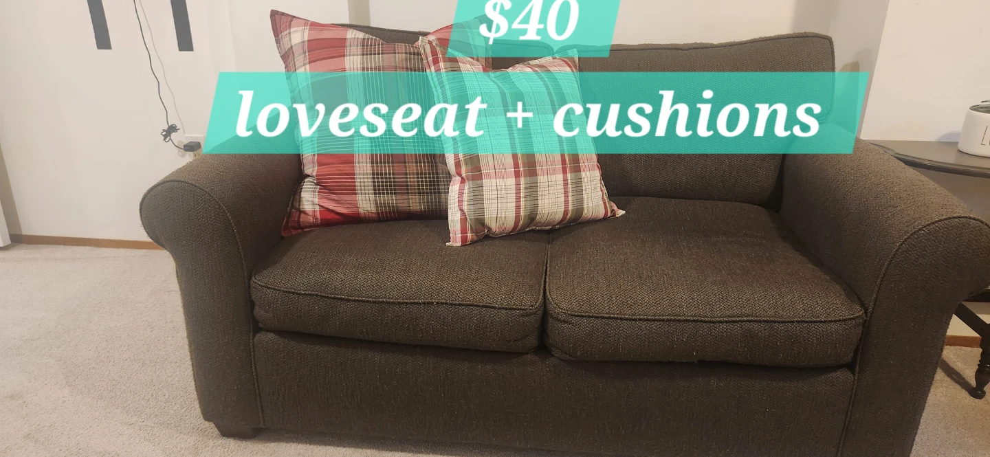 Brown Loveseat with Plaid Cushions