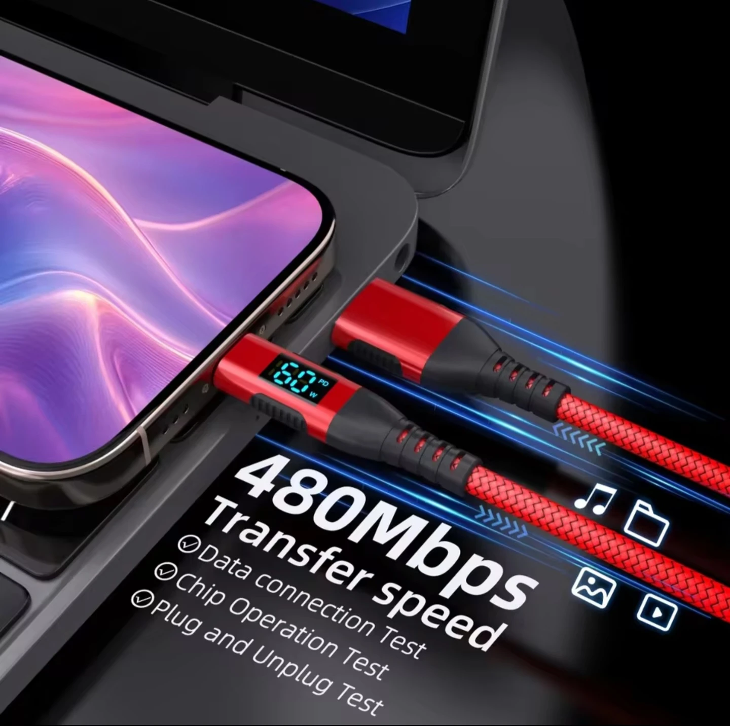 PD 60W USB-C Fast Charging Cable 480Mbps Red - photo 4