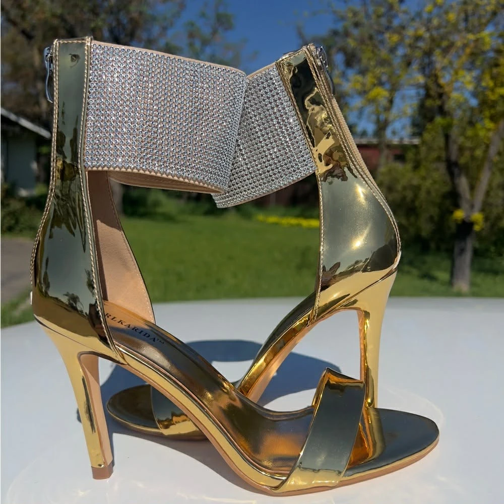 Gold Rhinestone Ankle Strap Heels