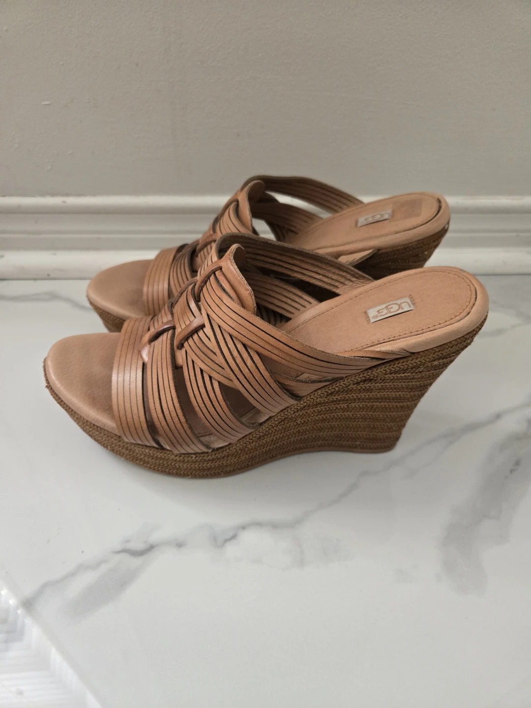 UGG Wedge Sandals - Tan Leather - Size 8