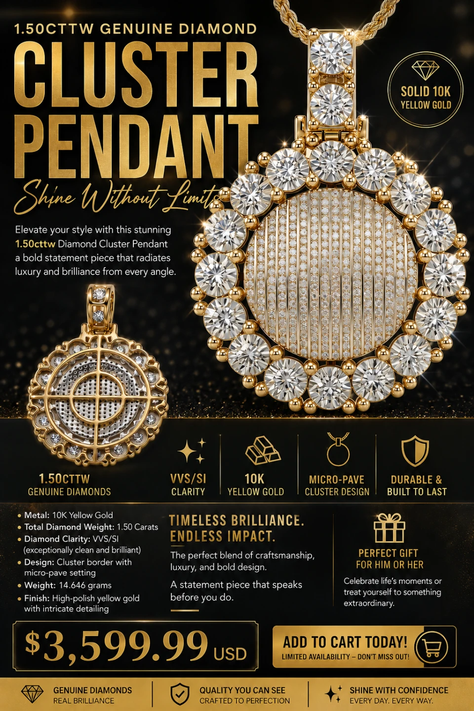 Cluster Diamond 1.50cttw Pendant in 10K Yellow Gold