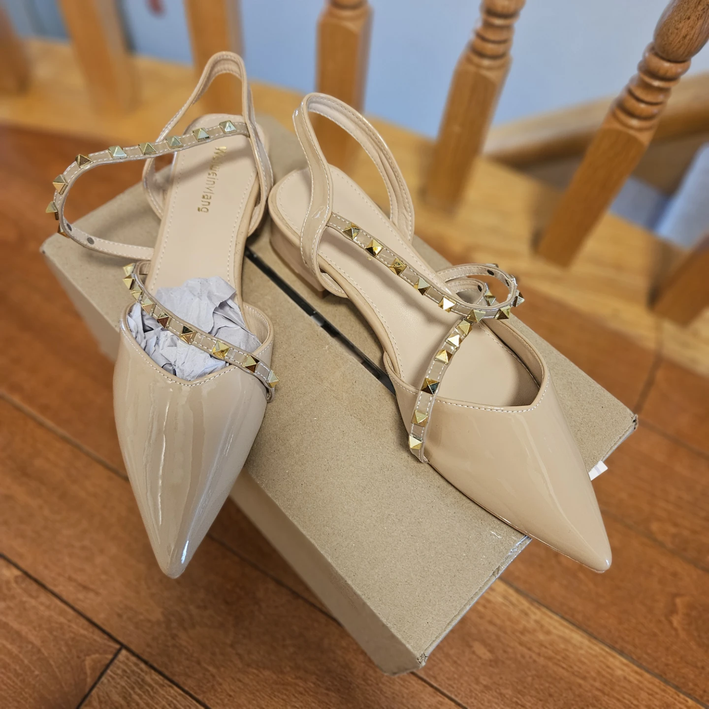 New Women's Studded Slingback Flats - Beige