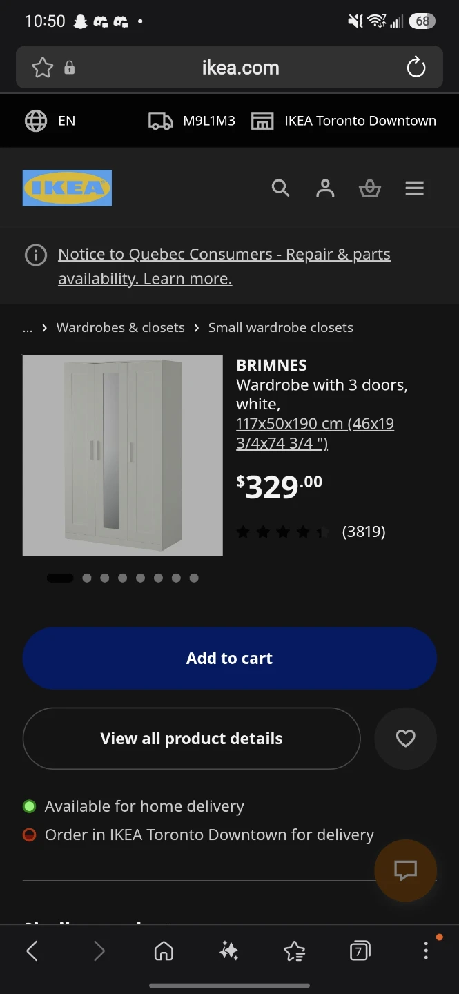 IKEA BRIMNES Wardrobe with 3 doors, white