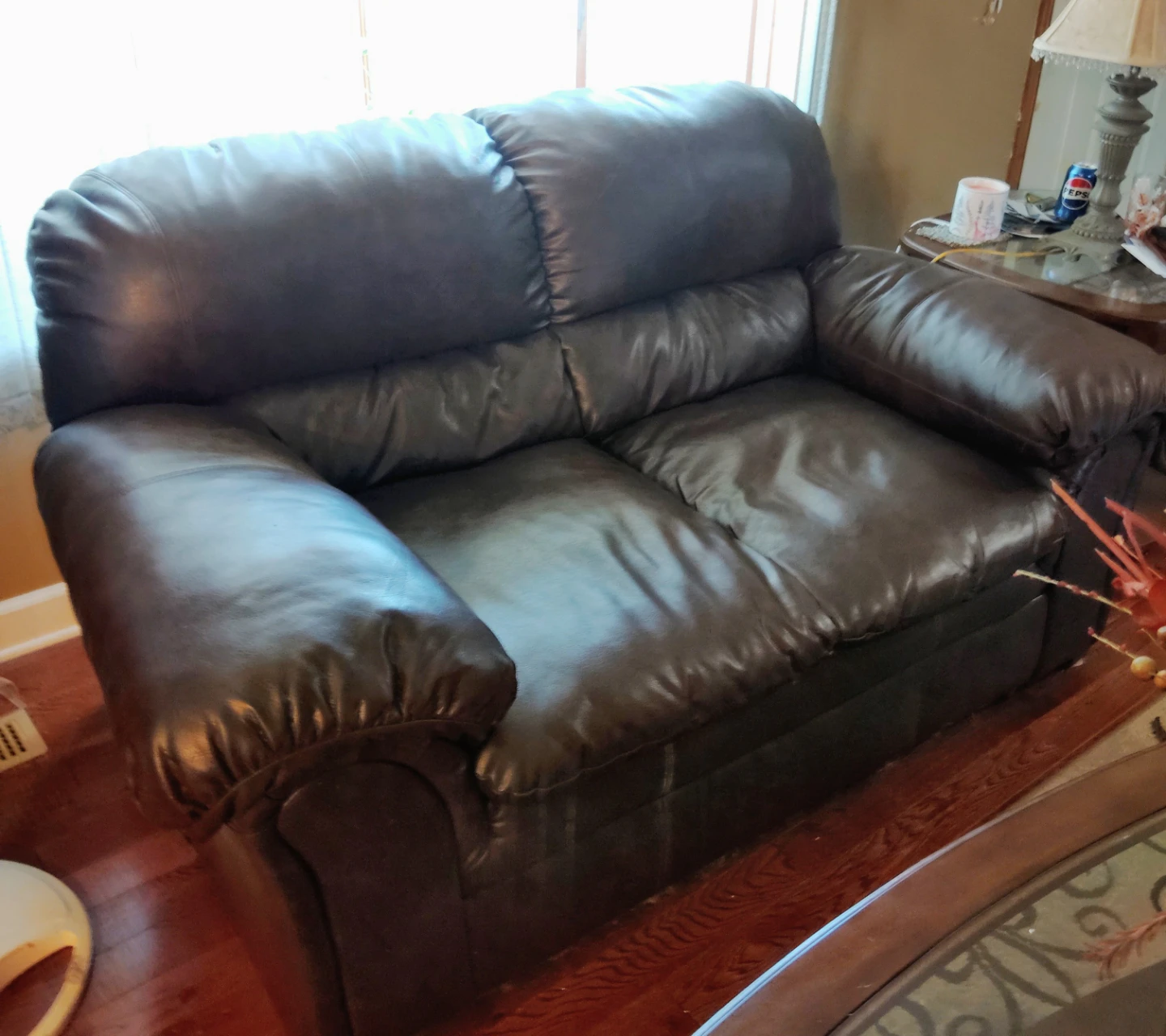 Leather sofa and luv seat and Wooden End Table with Glass Top - photo 4