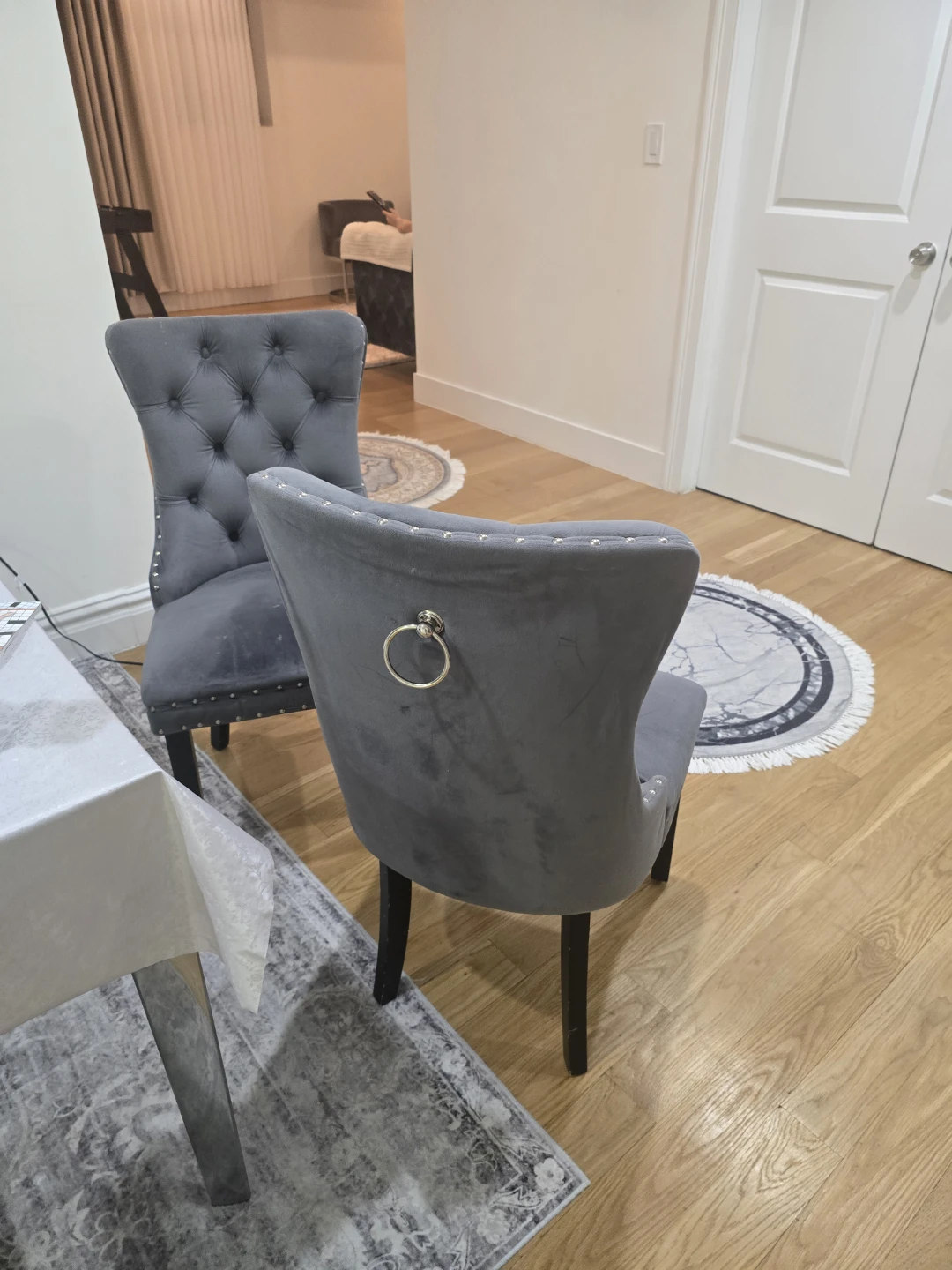 2 Gray Velvet Dining Chairs