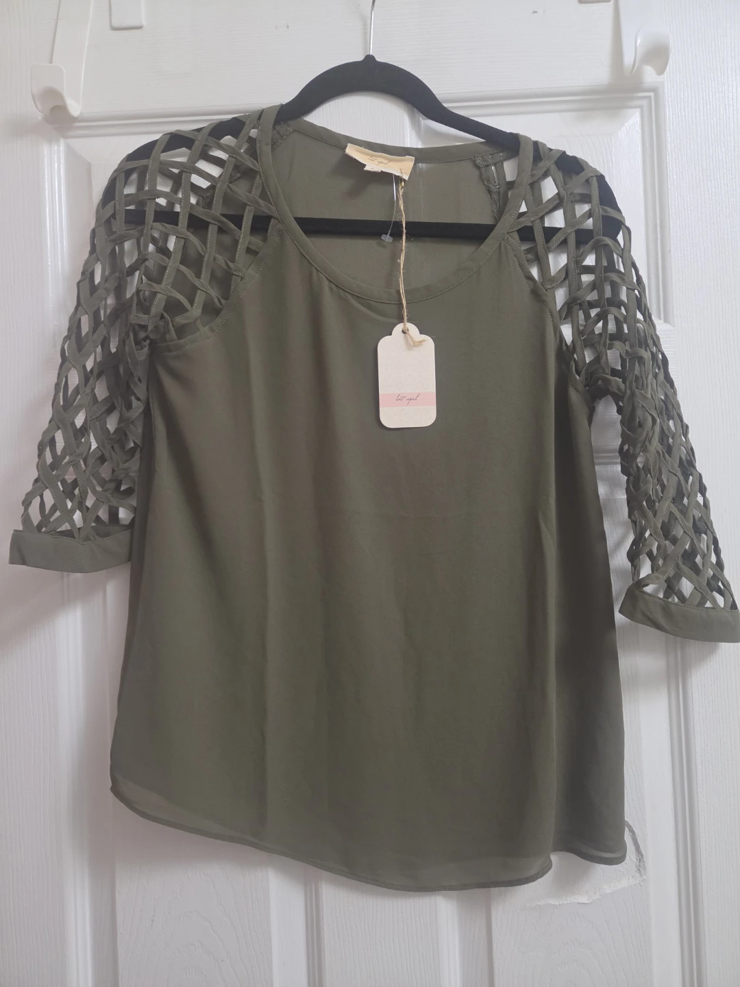 Lost April Olive Green Lattice Sleeve Top Size S